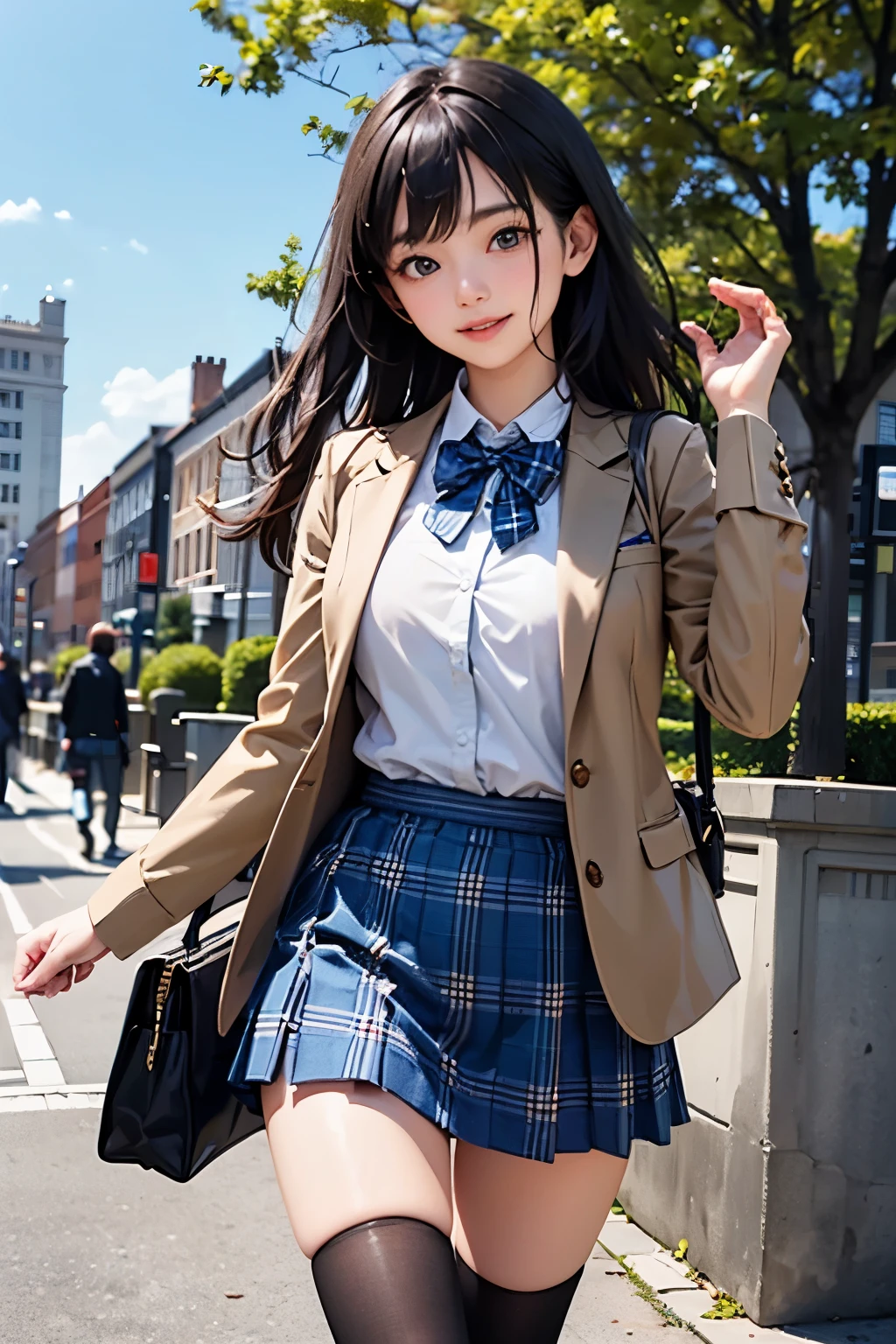 very cute and beautiful girl,(highly detailed beautiful face and eyes:1.2),(smile:1.2),happy,cheerful,cowboy shot,
(brown jacket:1.2),collared shirt,plaid bowtie BREAK detailed legs,zettai ryouiki,brown shoulder bag,
stylish pose,dynamic angle,hair pin,black hair,(blue plaid mini skirt:1.2),stone gate,school entrance,colorful rose flowers,detailed background,
(best quality,masterpiece:1.2),(intricate details:1.2),extremely detailed,highres,solo,
hair fluttering in the wind,beautiful detailed sky,