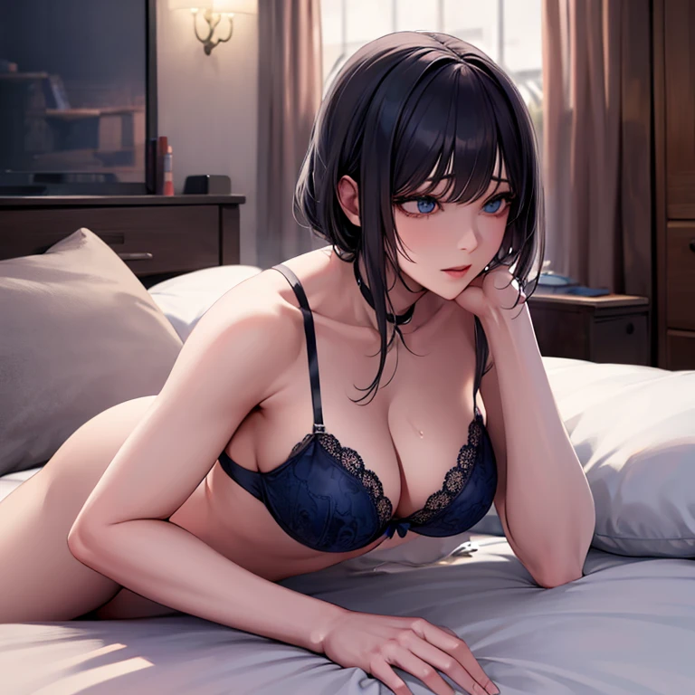 Masterpiece, ((black hair)), blue eyes, sexy, large breasts, beautiful body, blue underwear l, blue lingerie, blue bra, bed
