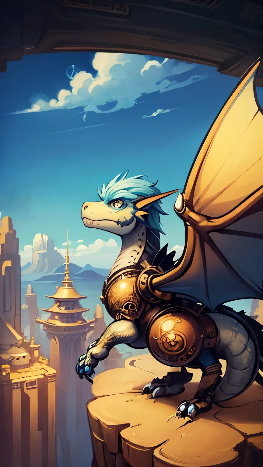 steampunkai。masterpiece。highest quality。excessive details。((Fly through the sky on the back of a dragon))。aerial perspective。(floating island in the sky々)。The background is blue sky and white clouds。