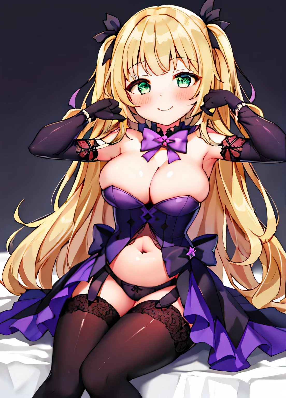 best quality,lovely_girl, 1girl, solo, young, li, tiirl, long hair, breasts, looking at viewer, , bangs, blonde hair, thighhighs, dress, bow, bare shoulders, gigantic breasts, enormous breasts, sitting, very long hair, green eyes, hair ribbon, pantyhose, black gloves, black thighhighs, bowtie, purple bow, brown thighhighs, purple bowtie, belly button, nsfw, navel, psyco smille, gigantic breasts, bursting breasts