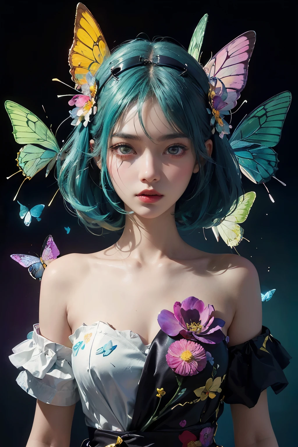 (masterpiece:1.1),(highest quality:1.1),(HDR:1),ambient light,ultra-high quality,( ultra detailed original illustration),(1girl, upper body),((harajuku fashion)),((flowers with human eyes, flower eyes)),double exposure,fusion of fluid abstract art,glitch,(original illustration composition),(fusion of limited color, maximalism artstyle, geometric artstyle, butterflies, junk art),