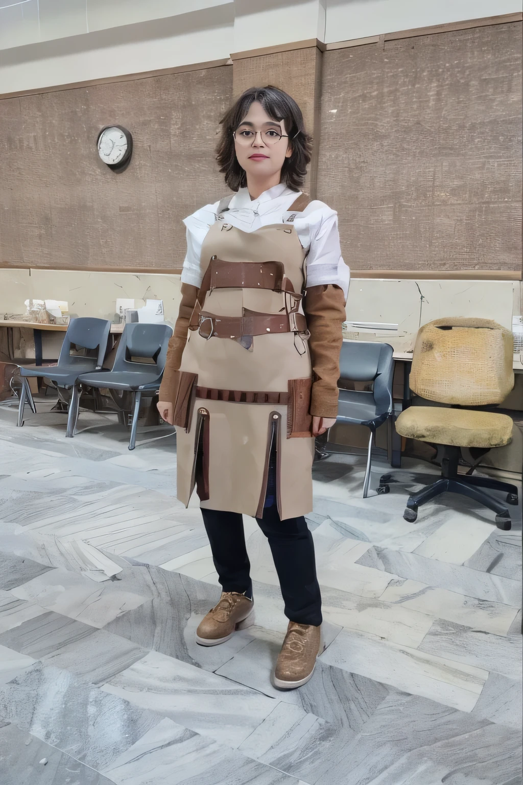 there is a woman standing in a room , blacksmith apron, leather apron, fashionable rpg clothing, wearing an apron, 2 0 2 0 fashion, full body with costume, makoto, cosplay, full costume, full - body - front - shot, high quality theatre costume, apron, high quality costume, cosplay journal cover, professional cosplay