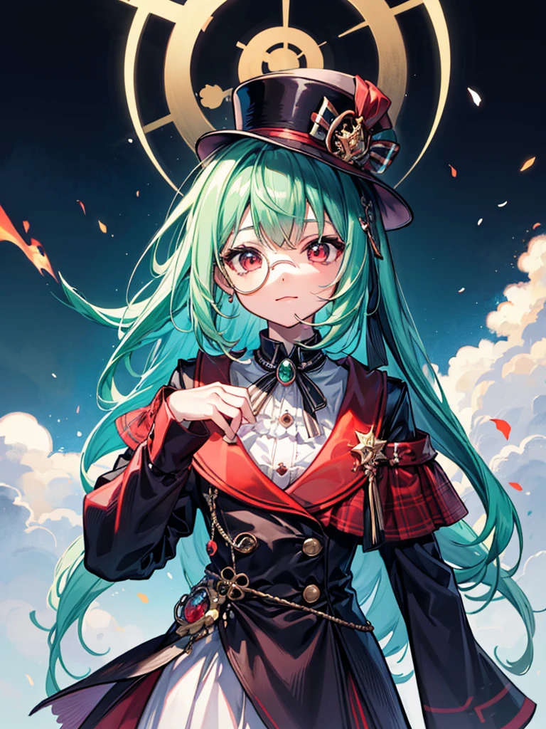 （（（masterpiece、Highest image quality、highest quality、highly detailed unity 8ｋwallpaper）））、（（Illustration of one girl））、（（（beautiful girl）））、（Emerald green hair、sidelocks：1.2、red eyes）、monocle、（（（crazy smile）））、（（（Black top hat、tuxedo）））、archive