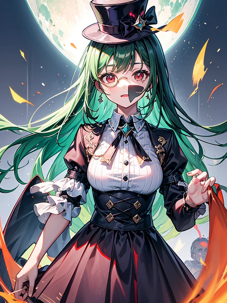 (((masterpiece、Highest image quality、highest quality、highly detailed unity 8kwallpaper)))、((Illustration of one girl))、(((beautiful girl)))、(Emerald green hair、sidelocks:1.2、red eyes)、monocle、(((crazy smile)))、(((Black top hat、tuxedo)))、archive