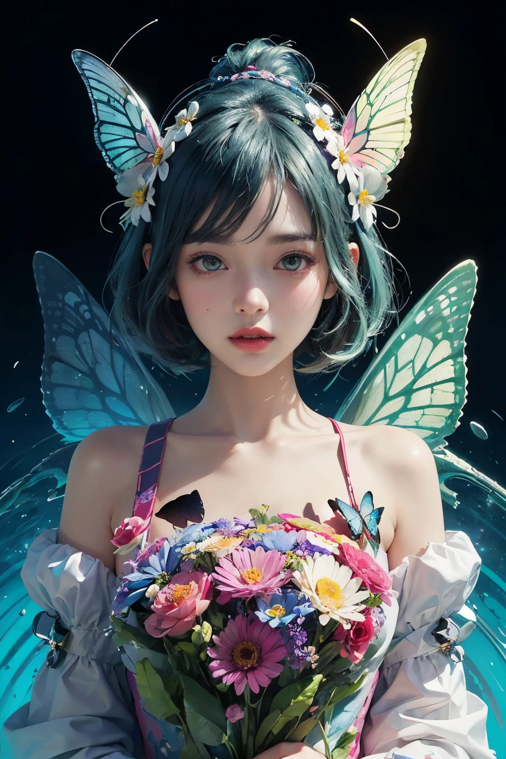 (masterpiece:1.1),(highest quality:1.1),(HDR:1),ambient light,ultra-high quality,( ultra detailed original illustration),(1girl, upper body),((harajuku fashion)),((flowers with human eyes, flower eyes)),double exposure,fusion of fluid abstract art,glitch,(original illustration composition),(fusion of limited color, maximalism artstyle, geometric artstyle, butterflies, junk art),