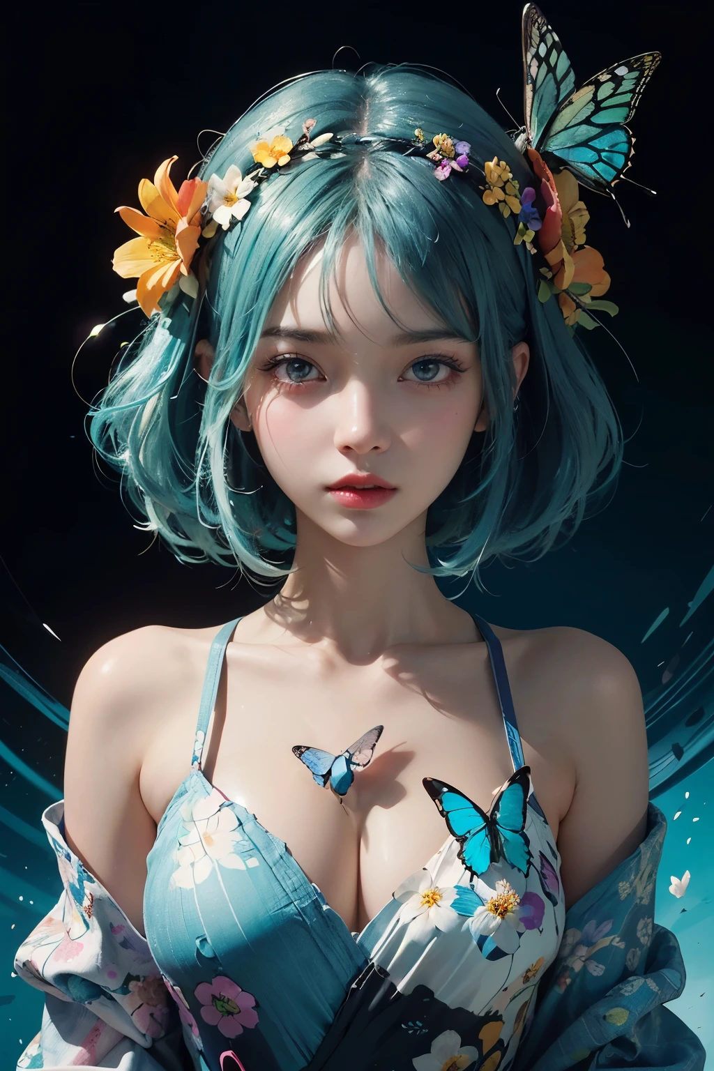 (masterpiece:1.1),(highest quality:1.1),(HDR:1),ambient light,ultra-high quality,( ultra detailed original illustration),(1girl, upper body),((harajuku fashion)),((flowers with human eyes, flower eyes)),double exposure,fusion of fluid abstract art,glitch,(original illustration composition),(fusion of limited color, maximalism artstyle, geometric artstyle, butterflies, junk art),