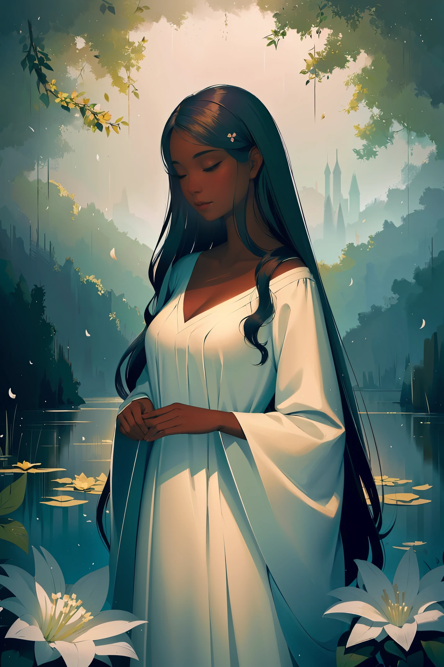 The prompt for generating a stable diffusion image with the theme "A black girl in a peaceful garden" can be:
"(best quality, high-resolution, illustration:1.2), long eyelashes, rich ebony skin, Ethiopian features, peaceful garden, soft lighting, dreamy atmosphere, magical world, intricate details, gentle happy smile, summer breeze, cheerful ambiance, dewy ebony skin, wavy hair, flowing attire, blooming flowers, joyful notes, natural portrait, play of light and shadow, serene soul, elegant pose, subtle expression, enchanting eyes, captivating content smile, flawless makeup, mysterious flowers, exquisite patterns, horizontal scrolling, tranquil ambiance"