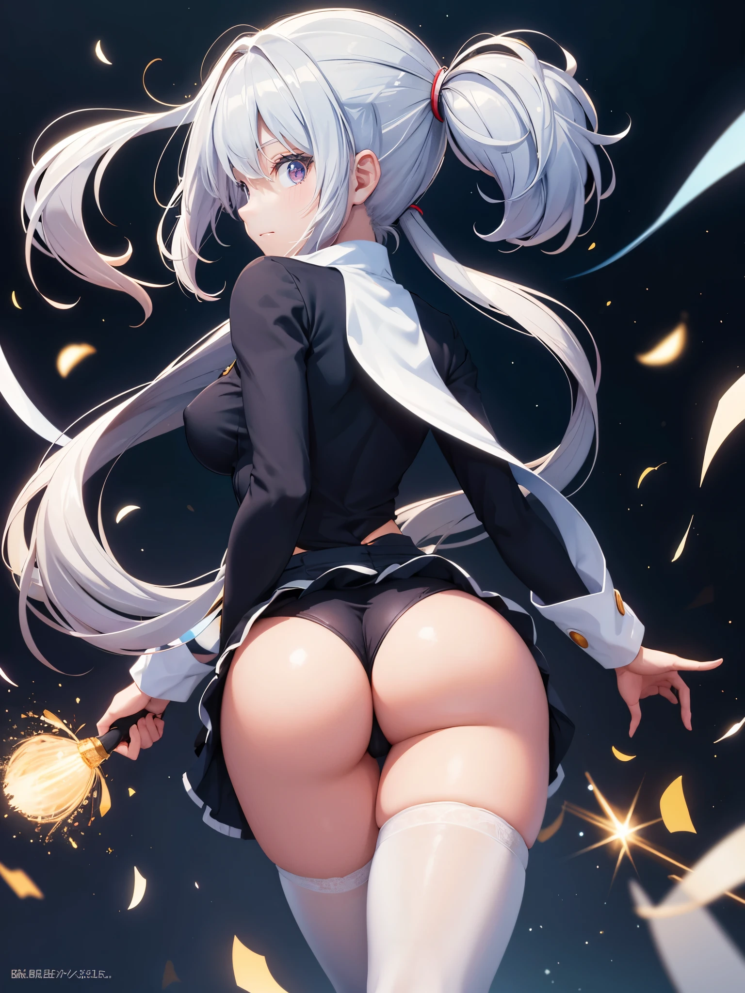 (1 girl),(high quality), (High resolution), (extremely detailed), (8K),(lower body shot),(3CG),(A high school girl wearing a magician's uniform),(wearing black knee-high stockings)not wearing shoes,perfect writing,(Beautifully erect nipple shape),High resolutionの美しい目,(neutral white lighting:1.2),Facing back and sticking out your buttocks