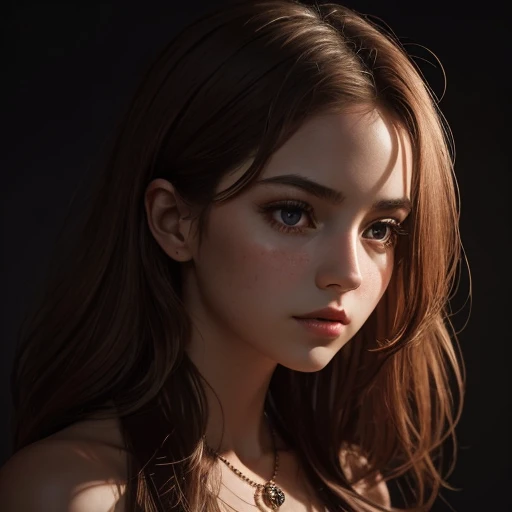 Prompt: A girl's naked body. Emphasize the small details, including goosebumps, birthmark, and the texture of bright red matte lipstick. The subject has elegant features, with very curly blond hair and perfect boobs, set against a black background. She wears a black necklace, creating a vibrant contrast with her naked boobs, Infuse the artwork with a sense of ethereal beauty, using subtle lighting effects and intricate detailing. Experiment with the interplay of shadows and highlights to accentuate the girl's features. Aim for a balance between realism and a touch of surrealism to evoke a dreamlike quality. Dominated by deep blacks and rich reds, create a striking visual contrast. Play with shades and tones to convey both the boldness of the red attire and the delicacy of the girl's features. Focus on a tight close-up of the girl's face, allowing the viewer to appreciate the intricacies of her unique characteristics. Experiment with framing to create a visually compelling composition that draws attention to the small details mentioned. Infuse the artwork with a sense of narrative and emotion, imaginative rendering, turning the photograph into a captivating piece that transcends the boundaries of traditional portraiture.