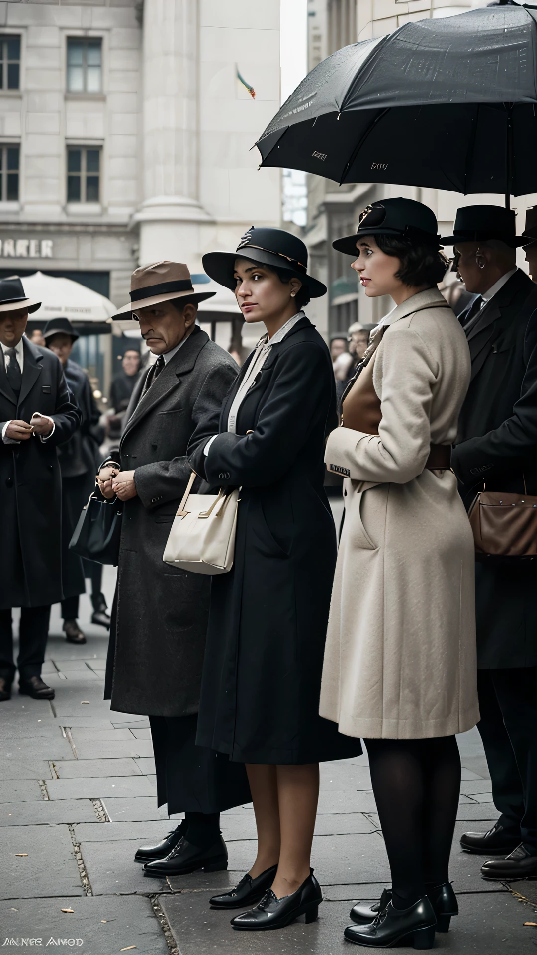 Generate a vivid image of people waiting in line at a bank during the 1920s, capturing the essence of the era's fashion, architecture, and cultural nuances. Envision a scene where men and women are patiently queuing outside a classic bank building with architectural elements characteristic of the time. Pay attention to period-specific details such as clothing styles, hats, and accessories. Incorporate elements that reflect the societal norms of the 1920s, such as newspapers, umbrellas, and maybe a glimpse of vintage automobiles. Consider the lighting to evoke the ambiance of the time, and add subtle touches like signage and period-accurate advertisements to enhance authenticity. Craft an image that transports viewers to a bustling yet patient scene at a bank in the 1920s.