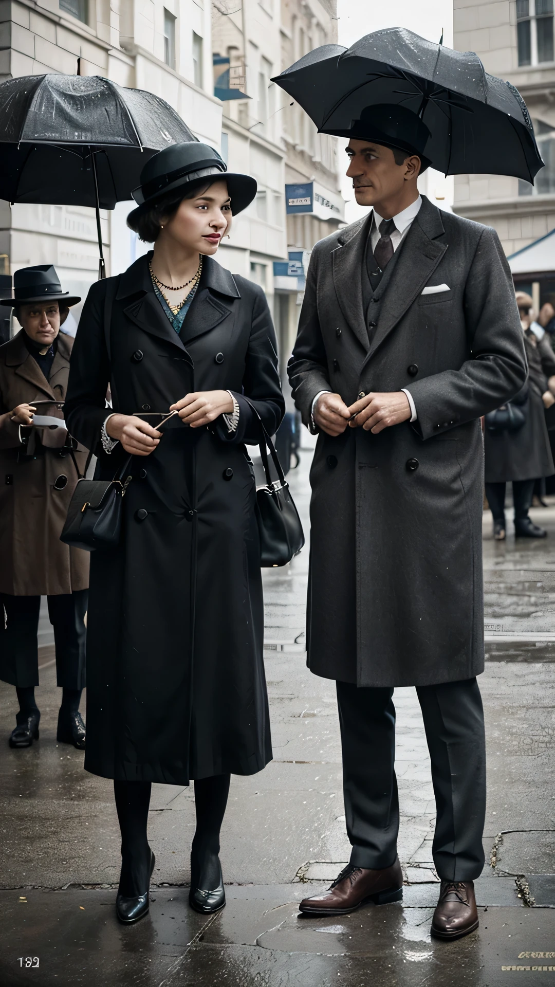 Generate a vivid image of people waiting in line at a bank during the 1920s, capturing the essence of the era's fashion, architecture, and cultural nuances. Envision a scene where men and women are patiently queuing outside a classic bank building with architectural elements characteristic of the time. Pay attention to period-specific details such as clothing styles, hats, and accessories. Incorporate elements that reflect the societal norms of the 1920s, such as newspapers, umbrellas, and maybe a glimpse of vintage automobiles. Consider the lighting to evoke the ambiance of the time, and add subtle touches like signage and period-accurate advertisements to enhance authenticity. Craft an image that transports viewers to a bustling yet patient scene at a bank in the 1920s.