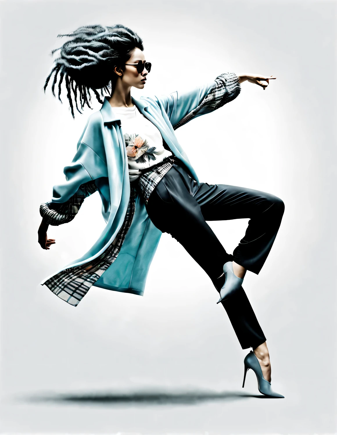 (Modern art dance simple poster design），（close up), （Beautiful Chinese girl dancing in the air），（Wearing sunglasses and braided hairstyle：1.2） The pastel tones of a light blue jacket and an off-white floral sweater blend together, Black and white plaid pants also have a sharp contrast,Characterized by exquisite details and layering,，Both fashionable and with a touch of gentle feminine charm，Wear modern and trendy winter fashion，slim waist，high nose bridge，Head up posture，sad yet beautiful，slender figure，Exquisite facial features，background：briefcase，swirling fog illustration，ink painting，black hair，Proud，Surrealism，contemporary art photography，illustration action drawing，abstract expressionism，Pixar，depth of field，motion blur，backlight，Falling shadows，Vignetting，Looking up，Sony FE General Manager，ultra high definition，masterpiece，Accuracy，textured skin，Super details，high detail，high quality，Award-winning，best quality，grade，16k，Photographed from a bottom-up perspective