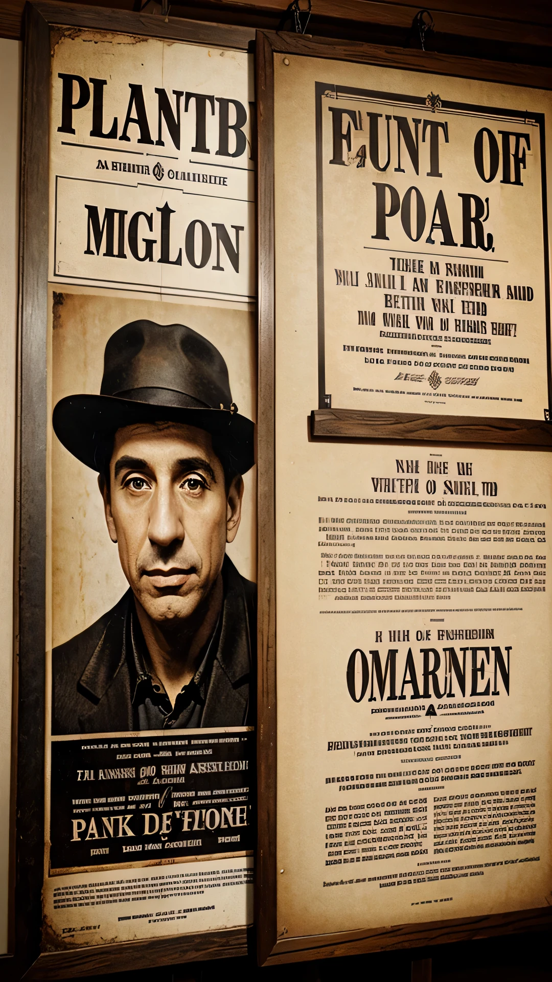 Generate a compelling and authentic wanted poster with the inscription 'Charles Ponzi,' affixed to a wooden pole or surface in a vintage setting. Envision the poster with a classic, weathered appearance, complete with intricate details such as a portrait of Charles Ponzi, a list of crimes, and a reward amount. Consider the typography, ensuring it aligns with the styles of wanted posters from the early 20th century. Add elements of wear and tear, such as creases or discoloration, to convey the passage of time. Position the poster on a textured pole or surface, and create a setting that complements the historical context of Ponzi's notorious schemes. Craft an image that reflects the urgency and pursuit surrounding the infamous figure during that era.
