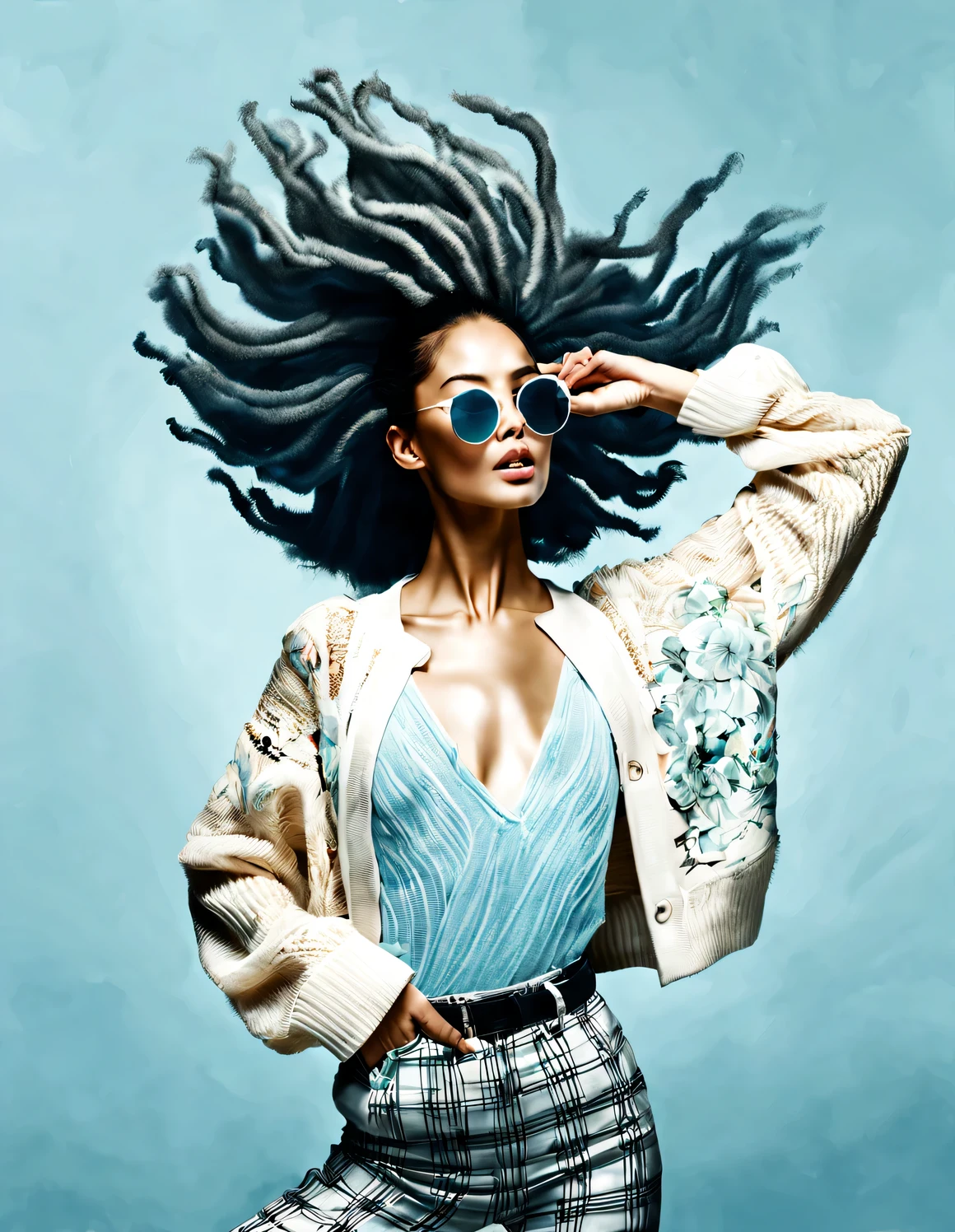 (Modern art dance simple poster design),(close up), (Beautiful Chinese girl dancing in the air),(Wearing sunglasses and braided hairstyle:1.2) The pastel tones of a light blue jacket and an off-white floral sweater blend together, Black and white plaid pants also have a sharp contrast,Characterized by exquisite details and layering,,Both fashionable and with a touch of gentle feminine charm,Wear modern and trendy winter fashion,slim waist,high nose bridge,Head up posture,sad yet beautiful,slender figure,Exquisite facial features,background:briefcase,swirling fog illustration,ink painting,black hair,Proud,Surrealism,contemporary art photography,illustration action drawing,abstract expressionism,Pixar,depth of field,motion blur,backlight,Falling shadows,Vignetting,Looking up,Sony FE General Manager,ultra high definition,masterpiece,Accuracy,textured skin,Super details,high detail,high quality,Award-winning,best quality,grade,16k,Photographed from a bottom-up perspective