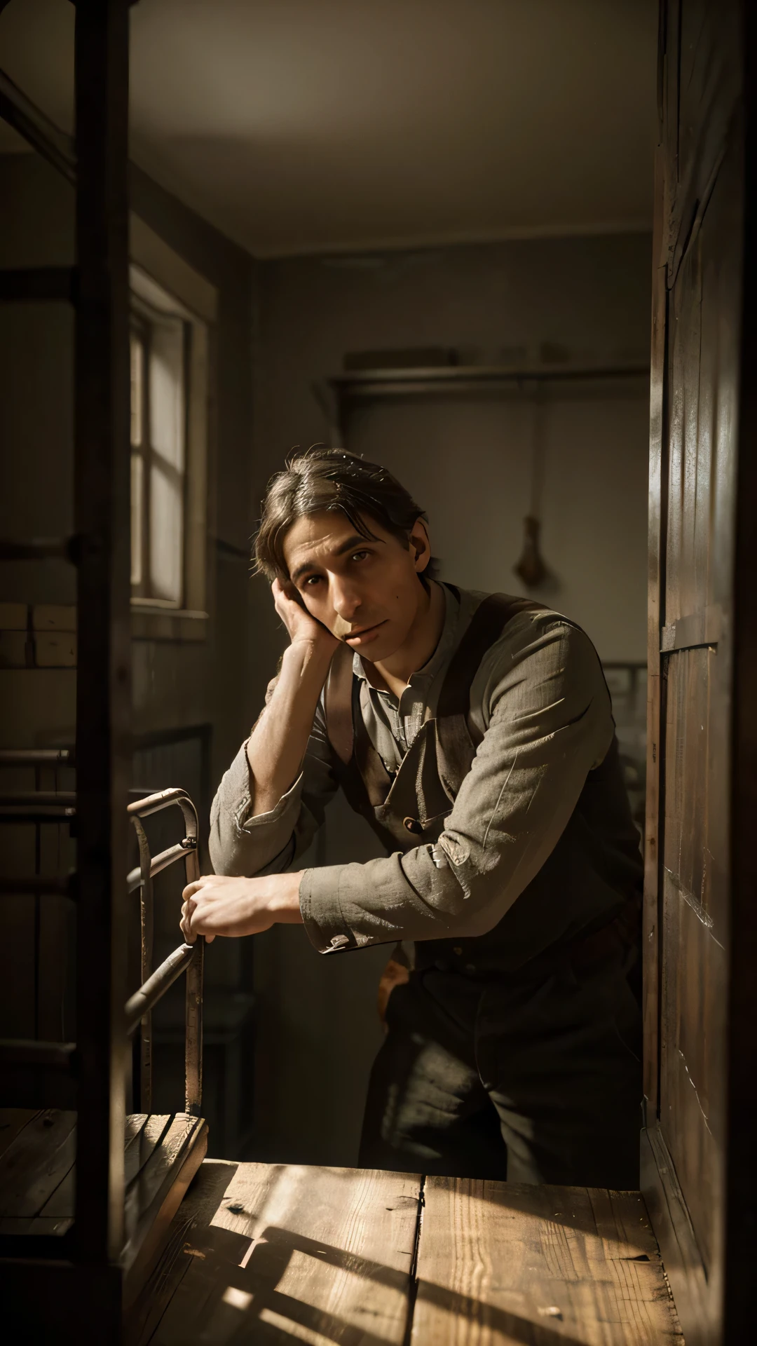 Generate a poignant and historically accurate image of Charles Ponzi in a jail cell during the early 20th century. Envision Ponzi in a somber setting, captured within the confines of a period-accurate jail cell. Pay meticulous attention to his facial expressions, clothing, and the overall atmosphere to convey the gravity of his situation. Integrate elements such as iron bars, subdued lighting, and worn surfaces to emphasize the reality of imprisonment. Consider adding subtle details like a bed or a wooden bench, and evoke a sense of solitude and contemplation in Ponzi's demeanor. Craft an image that authentically portrays Charles Ponzi's confinement, reflecting the consequences of his notorious financial schemes.