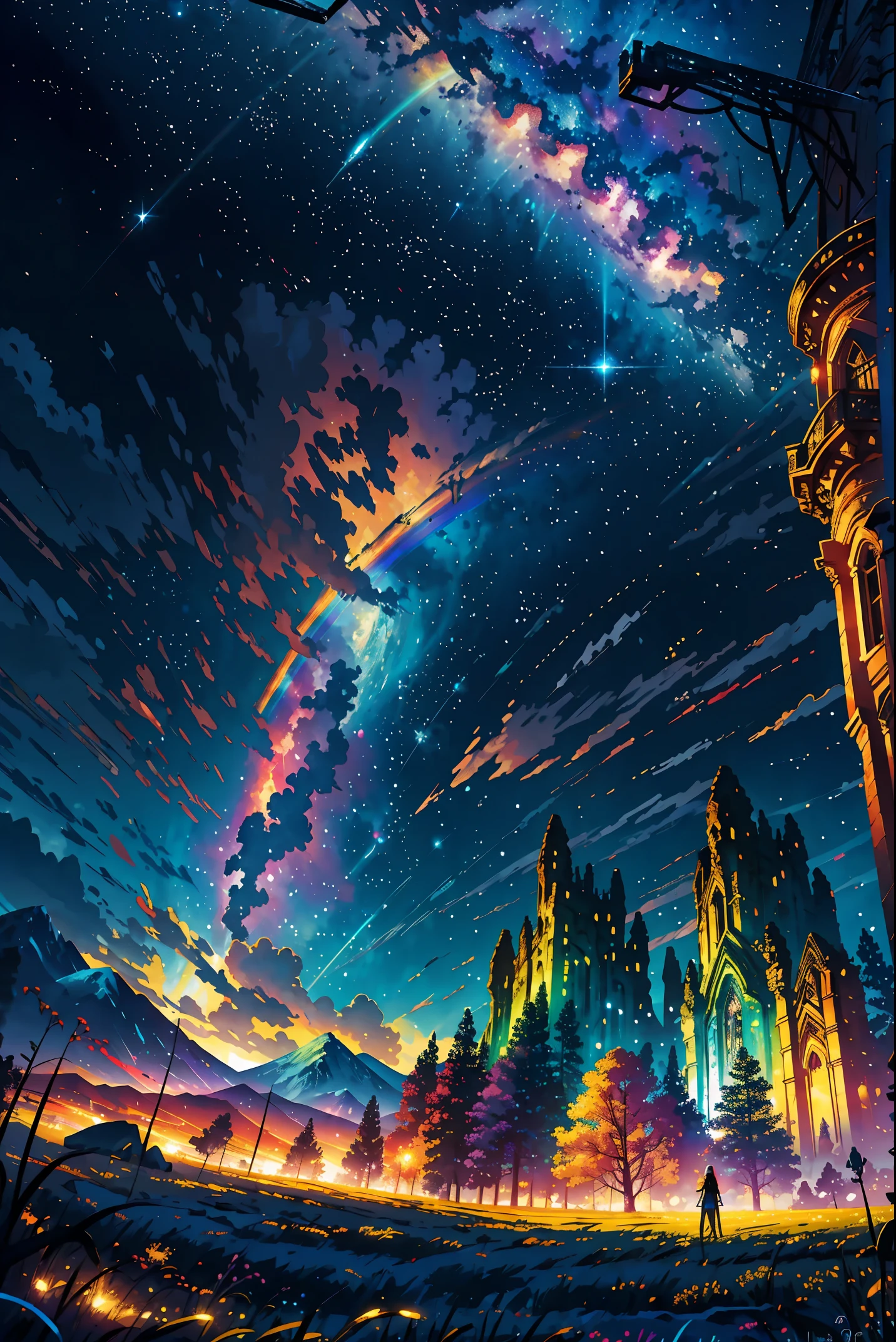 vast landscape photography , (View from below showing the sky above and open fields below), (20 year old woman:1.2), Silver hair long hair、stand、smile、(huge breasts:1.1)、 white dress、(Meteors:1.3), (nebula:1.3), distant mountain,production art, (warm light source:1.2), (fire Fly:1.2), lamp,intricate details, volume lighting、(masterpiece:1.2), (highest quality), 4K, super detailed, (dynamic composition:1.4), colorful details,( rainbow colors:1.2), (shining lighting, atmosphere lighting), dream-like