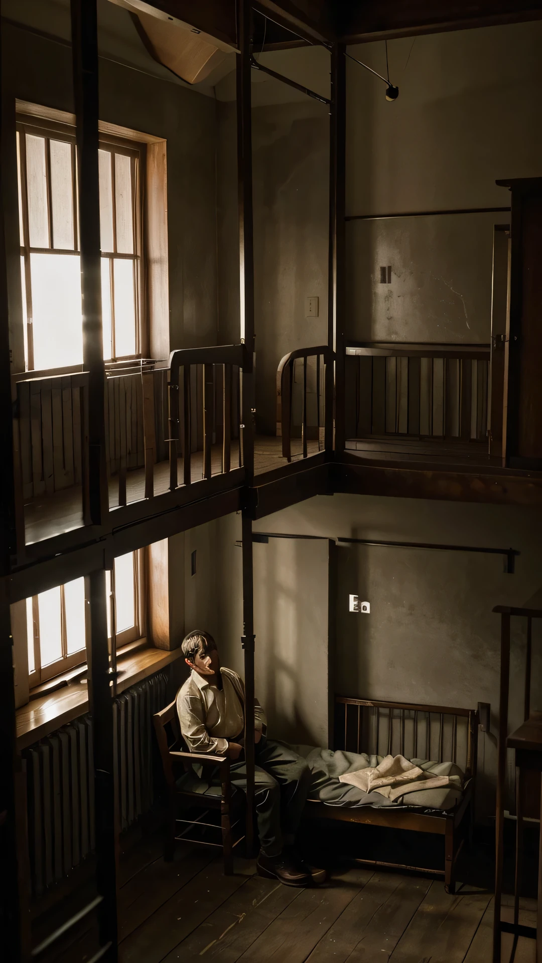 Generate a poignant and historically accurate image of Charles Ponzi in a jail cell during the early 20th century. Envision Ponzi in a somber setting, captured within the confines of a period-accurate jail cell. Pay meticulous attention to his facial expressions, clothing, and the overall atmosphere to convey the gravity of his situation. Integrate elements such as iron bars, subdued lighting, and worn surfaces to emphasize the reality of imprisonment. Consider adding subtle details like a bed or a wooden bench, and evoke a sense of solitude and contemplation in Ponzi's demeanor. Craft an image that authentically portrays Charles Ponzi's confinement, reflecting the consequences of his notorious financial schemes.