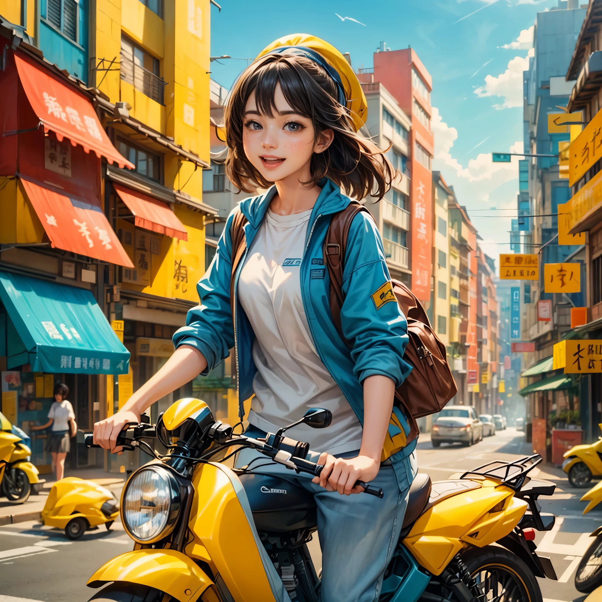 (panoramic:1.5), A realistic, photographic-style illustration in a flat, 2D format, showing a cheerful delivery girl riding a yellow motorcycle. She is depicted as a cute, optimistic girl with a happy smile, enduring the hard work of daily deliveries without complaint. Dressed in standard work attire, she navigates through the bustling city streets. This girl embodies wisdom, beauty, and diligence, presenting a sweet and admirable character. The image captures her in an ultra-wide-angle, panoramic view of the city, emphasizing a realistic, (花卉水彩画:1.5), (Ultra high saturation, bright and vivid colors: 1.5), (nsfw), (Facing the viewer: 1.5), (解剖学正确,准确完美的韩国女性脸部特征:1.5)