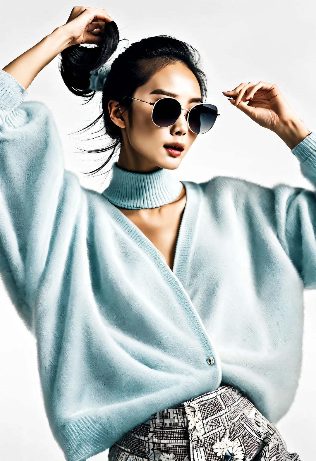 (Modern art dance simple poster design), (Half-length close-up), (Beautiful Chinese girl dancing in the air), (wearing sunglasses: 1.37), (high ponytail: 1.2) The pastel tones of a light blue jacket and an off-white floral sweater blend together, The black and white plaid pants also have a sharp contrast, Characterized by exquisite details and layering. They are both fashionable and have gentle feminine charm. Wear modern fashionable winter fashion, their slender waists, high nose bridge, And the posture of looking up is sad and beautiful, Slender figure,Exquisite facial features,
background: briefcase dance, fog illustration, ink painting, black hair, Proud, Surrealism, contemporary art photography, action painting illustration, abstract expressionism, Pixar, depth of field, motion blur, backlight, Falling shadows, Vignetting, Elevation viewing angle, Sony FE General Manager, ultra high definition, masterpiece, Accuracy, textured skin, Super details, high detail, high quality, Award-winning, best quality, Level, 16k, Shot from a bottom-up perspective,,