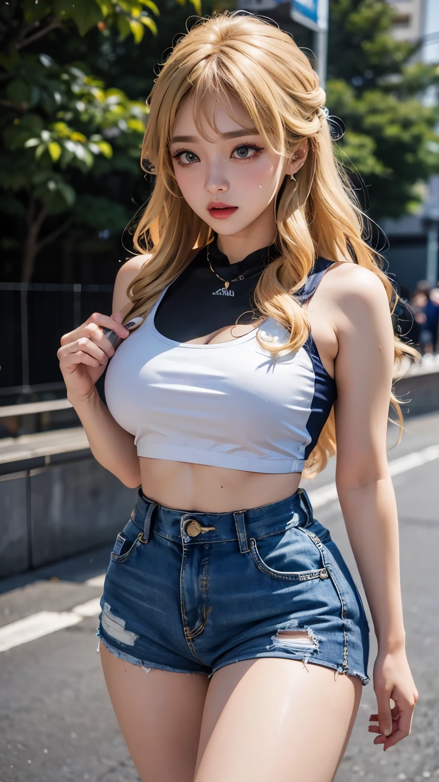 korean idol,a beautiful girl、disciple、bbw、cute little、(((Embarrassment comes from)))thighs thighs thighs thighs、((covered in sweat))、staring at this、Whole BodyEsbian, park background,crop top,shorts,Thick,wide hips, looking at the audience,alone,1 girl, running,see through，blond，long blonde hair，curls，blue eyes