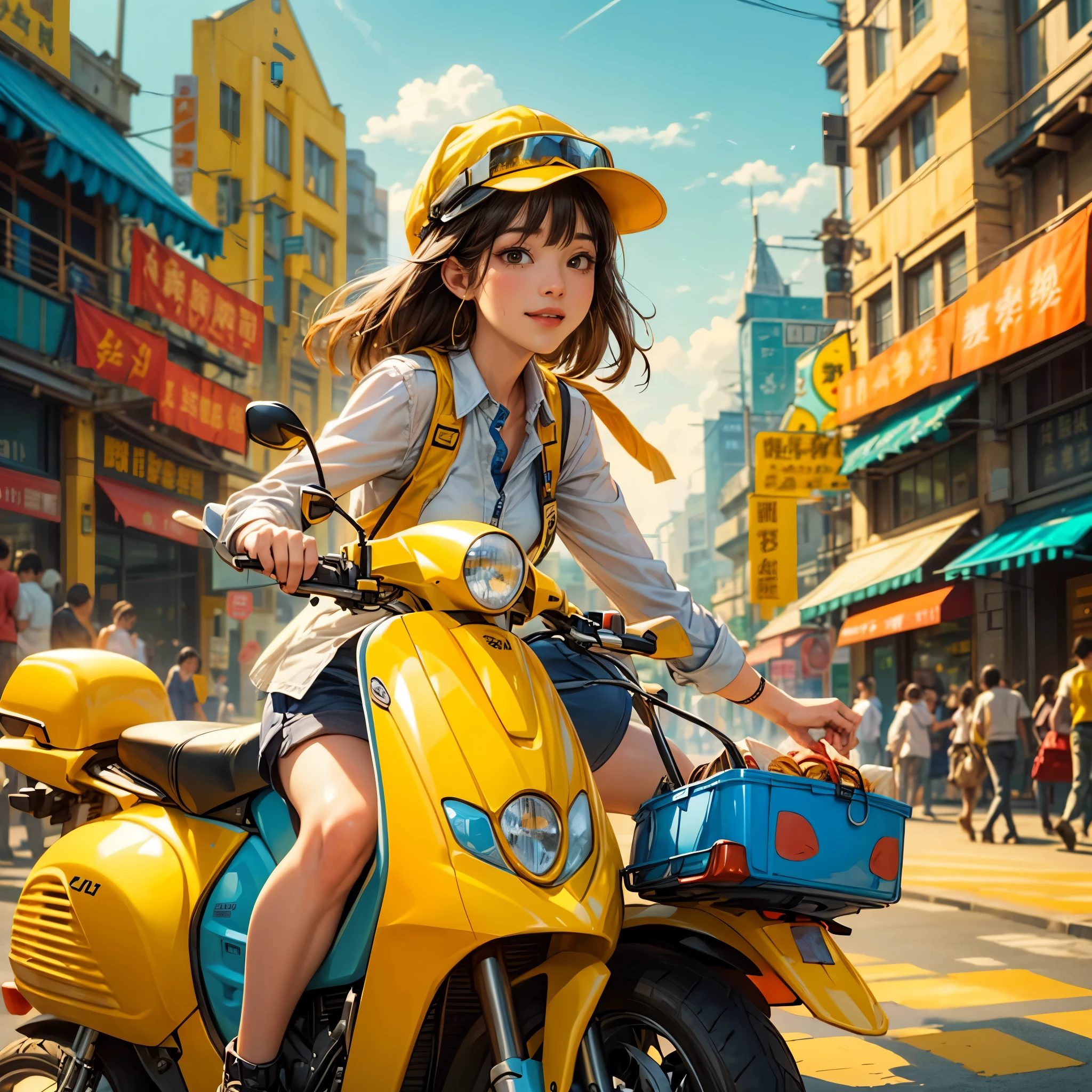 (panoramic:1.5), A realistic, photographic-style illustration in a flat, 2D format, showing a cheerful delivery girl riding a yellow motorcycle. She is depicted as a cute, optimistic girl with a happy smile, enduring the hard work of daily deliveries without complaint. Dressed in standard work attire, she navigates through the bustling city streets. This girl embodies wisdom, beauty, and diligence, presenting a sweet and admirable character. The image captures her in an ultra-wide-angle, panoramic view of the city, emphasizing a realistic, (花卉水彩画:1.5), (Ultra high saturation, bright and vivid colors: 1.5), (nsfw), (Facing the viewer: 1.5), (解剖学正确，准确完美的韩国女性脸部特征:1.5)