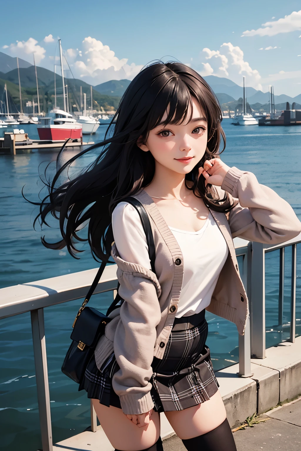 very cute and beautiful girl,(highly detailed beautiful face and eyes:1.2),(gray blouse),(smile:1.2),happy,cheerful,
cowboy shot,(red cardigan:1.2),long sleeve BREAK zettai ryouiki,(brown shoulder bag),(plaid brown mini skirt:1.3),
dynamic pose,dynamic angle,black hair,(black boots:1.14),
(Yokohama:1.2),(harbor,port town,cityscape overview:1.2),detailed landscape,standing,stylish pose,
(best quality,masterpiece:1.2),(intricate details),highres,extremely detailed,ultra-detailed,
solo,natural lighting,hair fluttering in the wind,beautiful detailed sky,