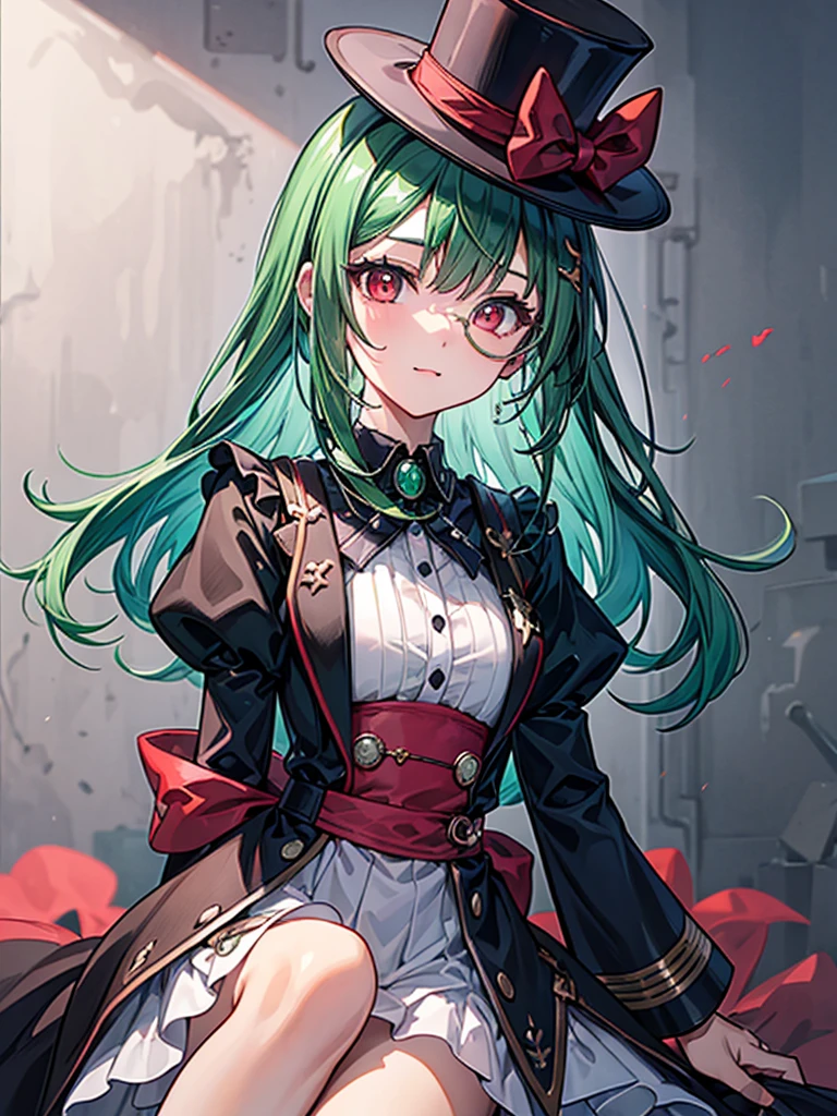 （（（masterpiece、Highest image quality、highest quality、highly detailed unity 8ｋwallpaper）））、（（Illustration of one girl））、（（（beautiful girl）））、（Emerald green hair、sidelocks：1.2、red eyes）、monocle、（（（crazy smile）））、（（（Black top hat、tuxedo）））、archive