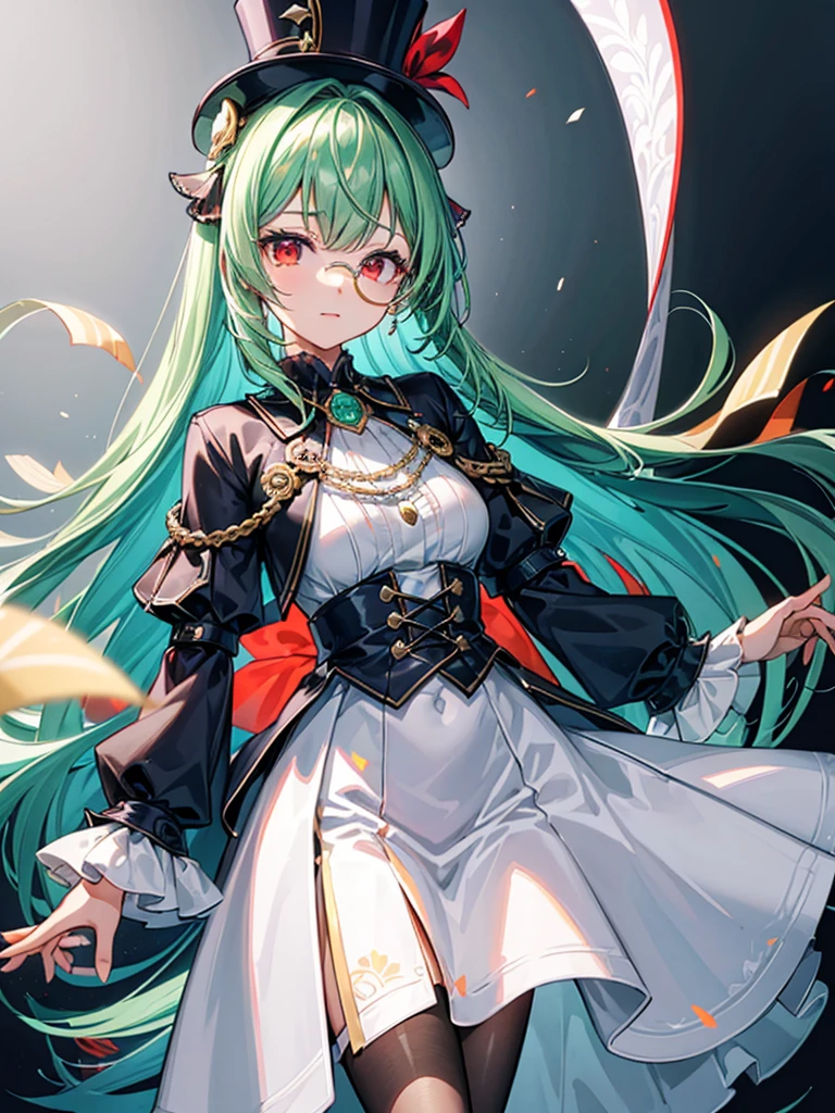 （（（masterpiece、Highest image quality、highest quality、highly detailed unity 8ｋwallpaper）））、（（Illustration of one girl））、（（（beautiful girl）））、（Emerald green hair、sidelocks：1.2、red eyes）、monocle、（（（crazy smile）））、（（（Black top hat、tuxedo）））、archive