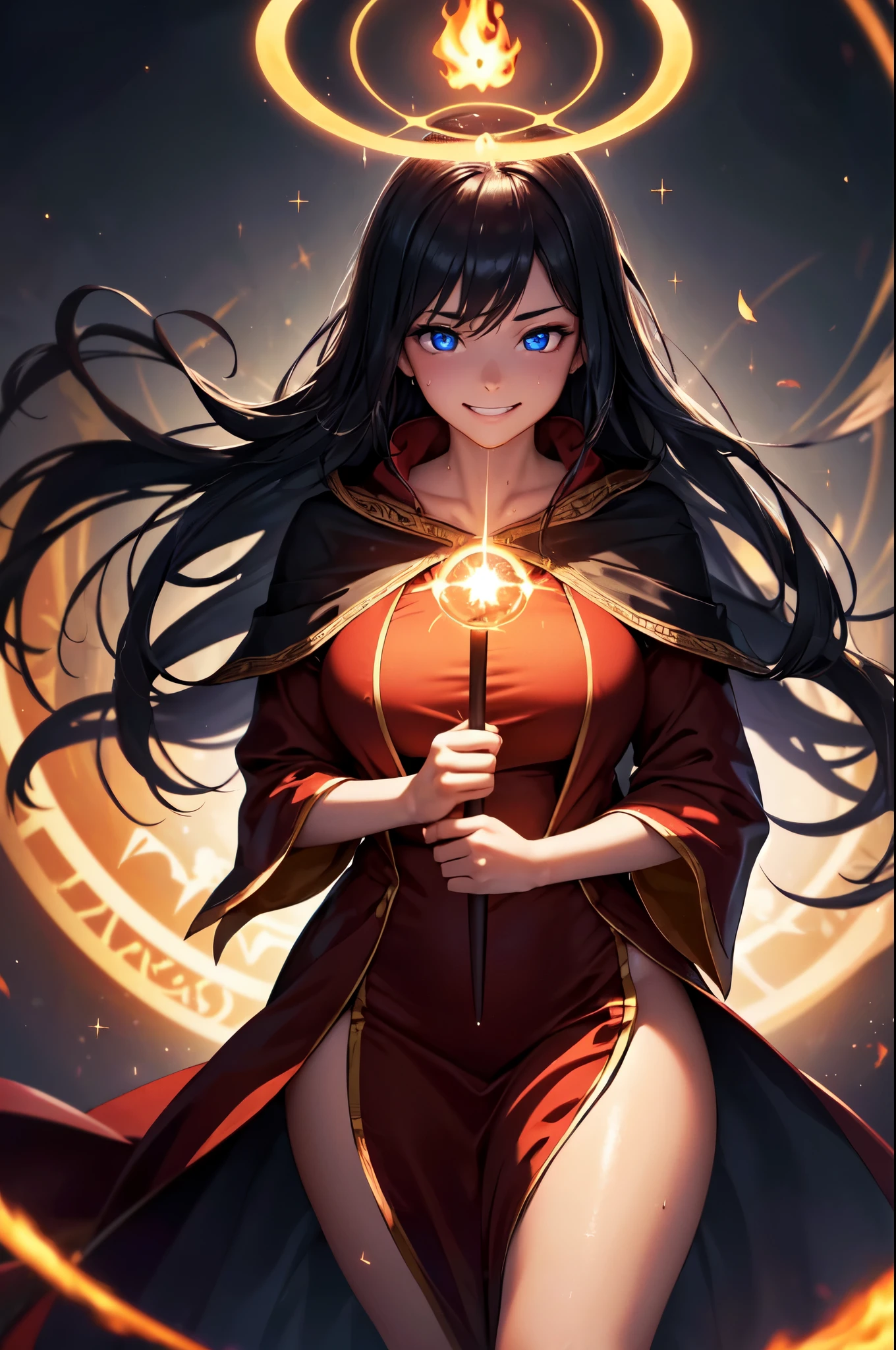 (High quality, High resolution, Fine details), Realistic, Dark background, (Floating magic circle:1.2), (Flame Magic), Wearing Magic Robes, solo, curvy women, sparkling eyes, (Detailed eyes:1.2), grin, Sweat, Oily skin, Full-body portrait, shallow depth of field, Dramatic Shadows
