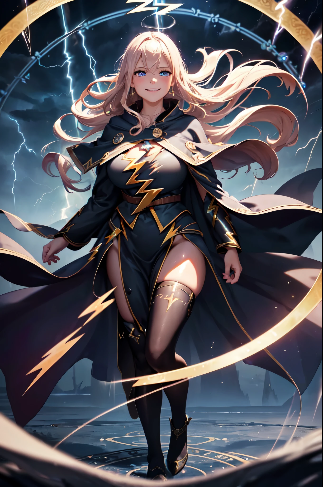 (High quality, High resolution, Fine details), Realistic, Dark background, (Floating magic circle:1.4), (Lightning magic:1.4), Wearing Magic Robes, solo, curvy women, sparkling eyes, (Detailed eyes:1.2), grin, Sweat, Oily skin, Full-body portrait, shallow depth of field, Dramatic Shadows