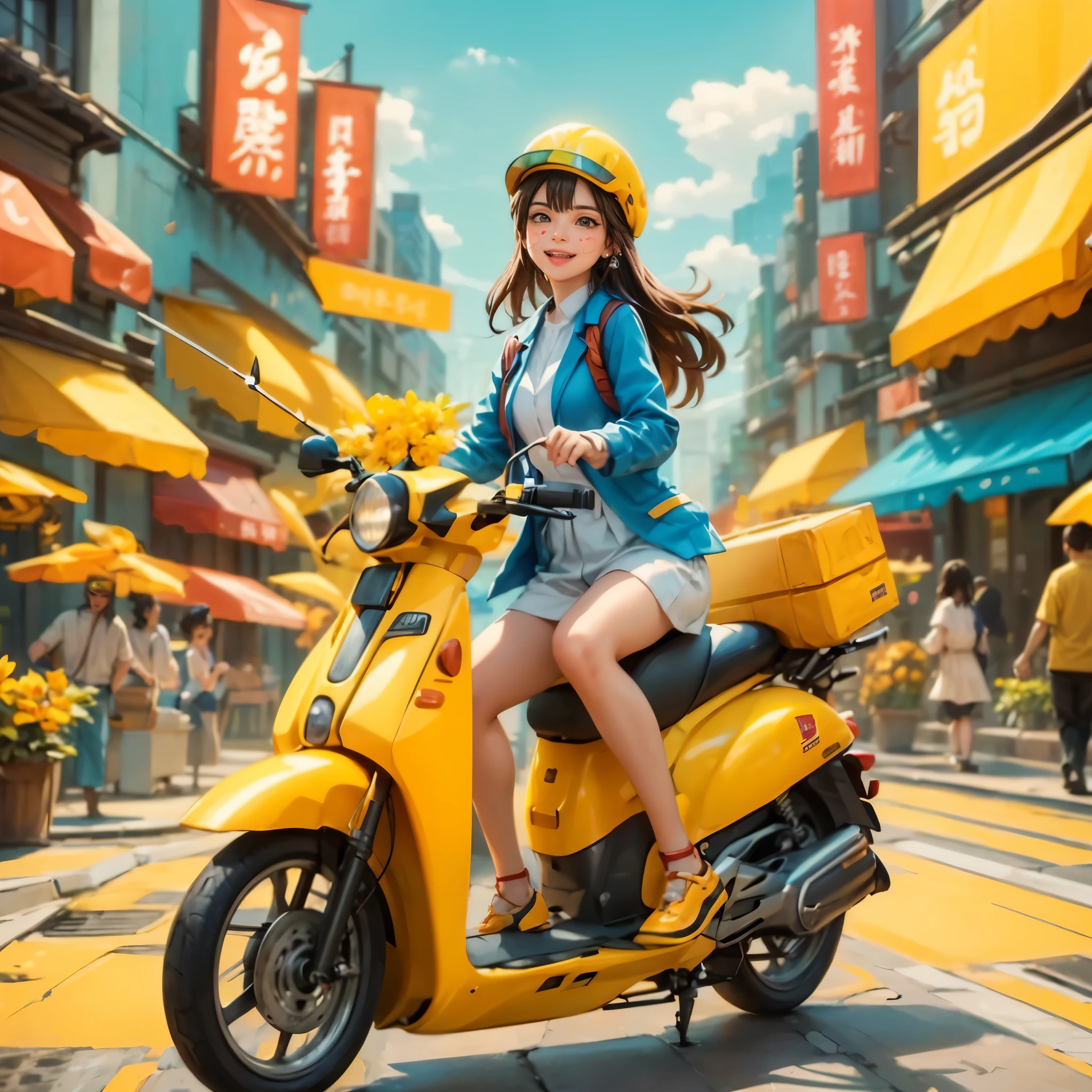 (panoramic:1.5), A realistic, photographic-style illustration in a flat, 2D format, showing a cheerful delivery girl riding a yellow motorcycle. She is depicted as a cute, optimistic girl with a happy smile, enduring the hard work of daily deliveries without complaint. Dressed in standard work attire, she navigates through the bustling city streets. This girl embodies wisdom, beauty, and diligence, presenting a sweet and admirable character. The image captures her in an ultra-wide-angle, panoramic view of the city, emphasizing a realistic, (花卉水彩画:1.5), (Ultra high saturation, bright and vivid colors: 1.5), (nsfw), (Facing the viewer: 1.5), (解剖学正确,准确完美的韩国女性脸部特征:1.5)
