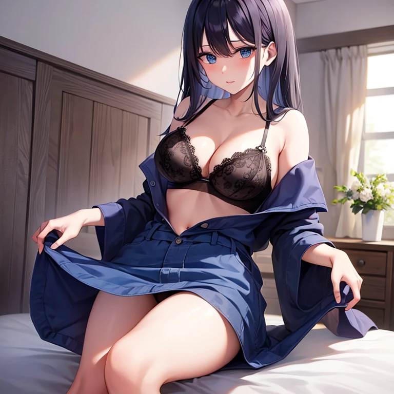 Masterpiece, ((black hair)), blue eyes, sexy, large breasts, beautiful body, blue underwear l, blue lingerie, blue bra, bed