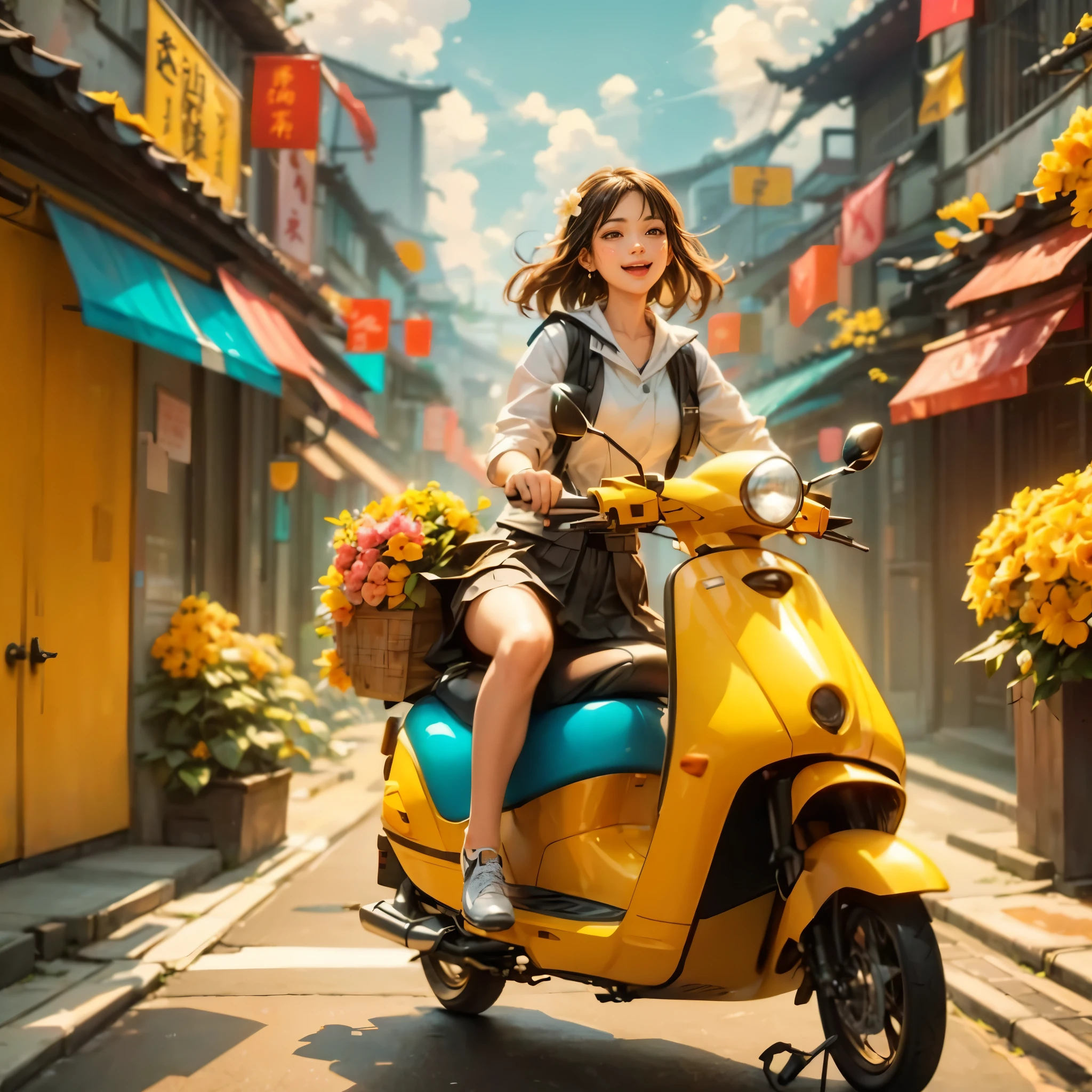 (panoramic:1.5), A realistic, photographic-style illustration in a flat, 2D format, showing a cheerful delivery girl riding a yellow motorcycle. She is depicted as a cute, optimistic girl with a happy smile, enduring the hard work of daily deliveries without complaint. Dressed in standard work attire, she navigates through the bustling city streets. This girl embodies wisdom, beauty, and diligence, presenting a sweet and admirable character. The image captures her in an ultra-wide-angle, panoramic view of the city, emphasizing a realistic, (花卉水彩画:1.5), (Ultra high saturation, bright and vivid colors: 1.5), (nsfw), (Facing the viewer: 1.5), (解剖学正确,准确完美的韩国女性脸部特征:1.5)