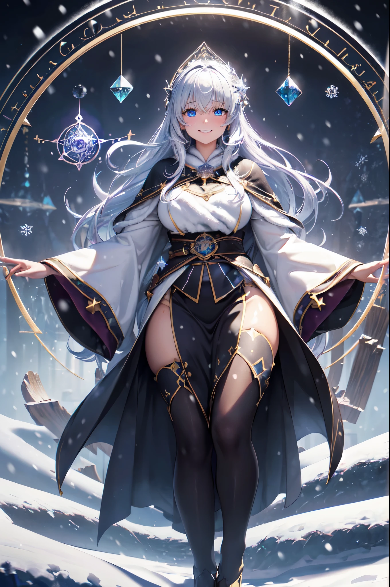 (High quality, High resolution, Fine details), Realistic, Dark background, (Floating magic circle:1.4), (Snow Crystals Magic:1.4), Wearing Magic Robes, solo, curvy women, sparkling eyes, (Detailed eyes:1.2), grin, Sweat, Oily skin, Full-body portrait, shallow depth of field, Dramatic Shadows
