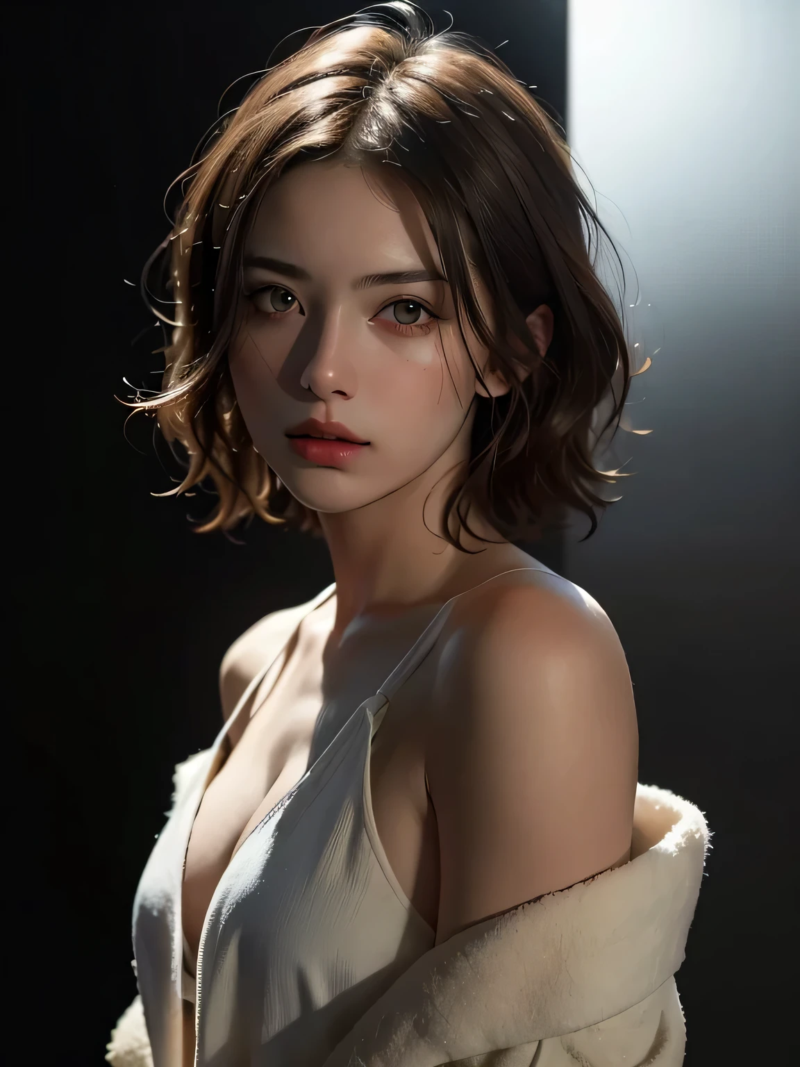 best quality, masterpiece, ultra high resolution, (lifelike:1.5), original photo, 1 girl, Off the shoulders, in the darkness, deep shadow, low profile, cold light, sexy look, short hair