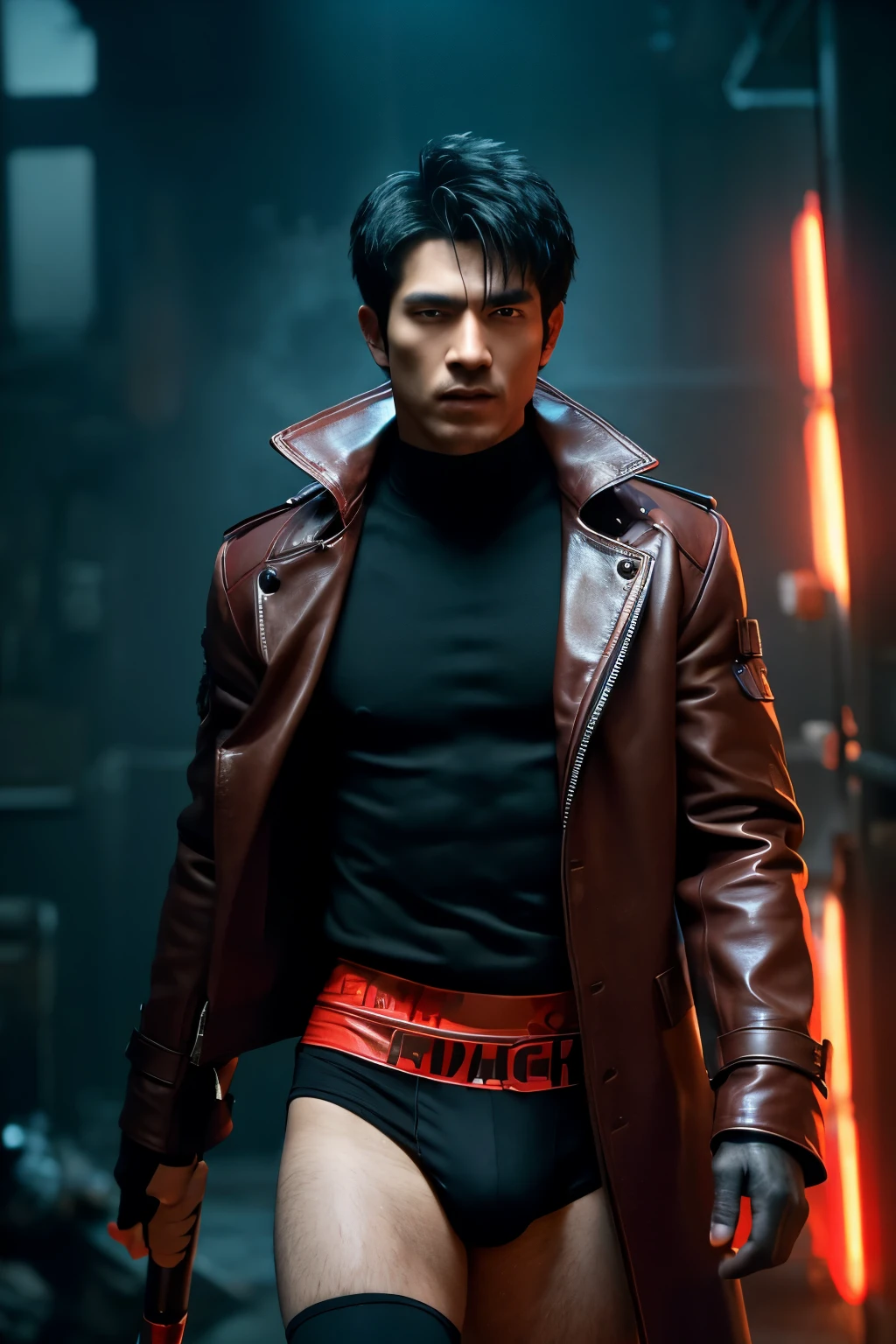 (Black and red theme:1.5), (man Wear see-through Briefs:1.5),(cowboy shoot:1.5), (1 boy, Thai handsome:1.5), (muscular man:1.5), (18 years old), very detailed skin, (Open the clothes.:1.4), Abs, (holding a weapon:1.5) (Light knows:1.4), (leather coat:1.3), (leather armor:1.2), fingerless gloves, (battlefield background:1.2), Fighting posture, high design (modern) Stylish art, Very detailed iris flower, The retina of the eye reflects light., Fine eyebrows, detailed eyelash, fashion photography, (Multiple levels and multiple surfaces:1.1), (Perfectly detailed face:1.2), Movies still remain, Very complicated details, Exquisitely detailed body parts, Very detailed environment, maximum in details, fire particles, Sub-surface scattering, (low voice:1.2), (in the dark:1.2), (dark scene:1.5), Tyndall Effect, Volumetric light, Mix saturation, Reduce noise, Balancing the composition, The details are very exquisite., There are too many details., Very high resolution, Amazing movie light, (Ultra wide angle fantasy world background)