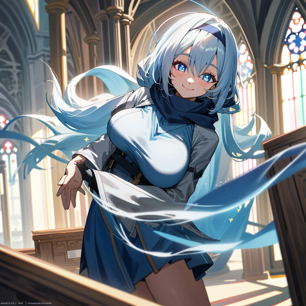 church,a girl,platinum long hair,Blue pupils,scarf,Split Sister Dress,Smile,Half open eyes,beautiful skin,glowing skin,Big breasts,moody lighting,sunny,8k,Ultra-detailed,masterpiece