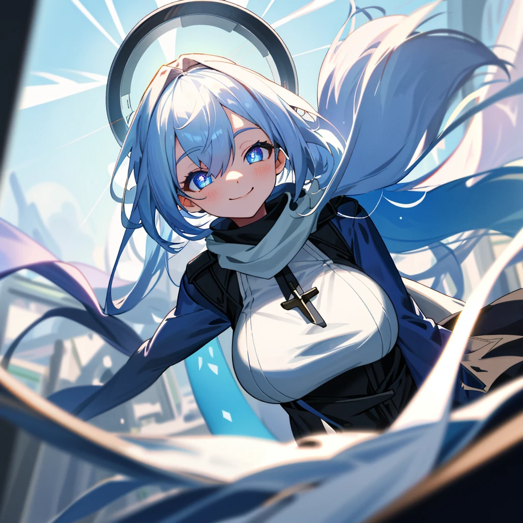 church,a girl,platinum long hair,Blue pupils,scarf,Split Sister Dress,Smile,Half open eyes,beautiful skin,glowing skin,Big breasts,moody lighting,sunny,8k,Ultra-detailed,masterpiece