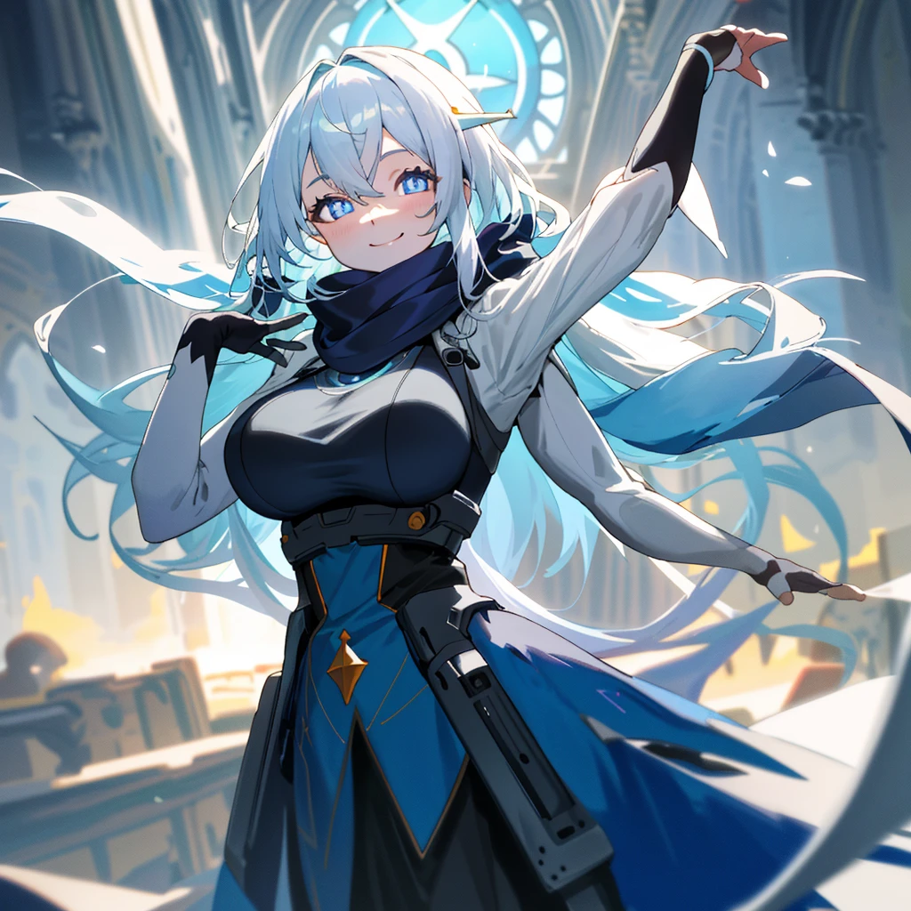 church，a girl，platinum long hair，Blue pupils，scarf，Split Sister Dress，Smile，Half open eyes，beautiful skin，glowing skin，Big breasts，moody lighting，sunny，8k，Ultra-detailed，masterpiece