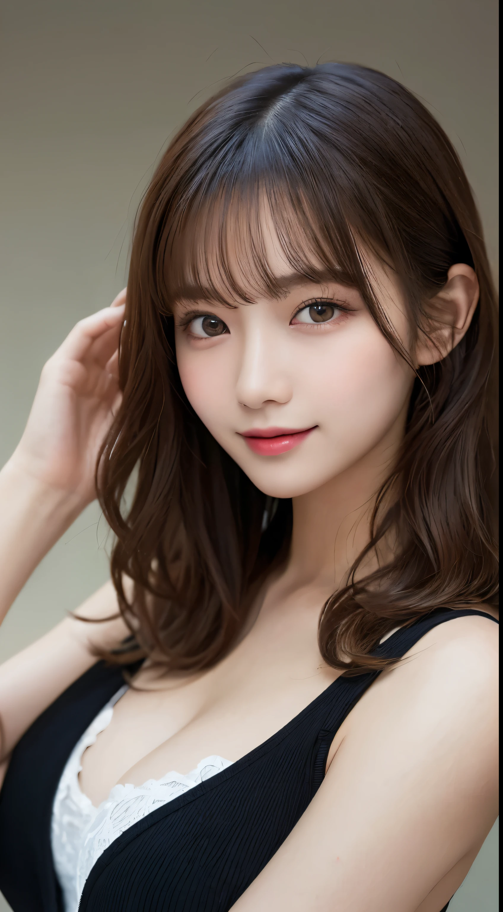 muste piece, highest quality, illustration, super detailed, finely, High resolution, 8k wallpaper, perfect dynamic composition, detailed and beautiful eyes, Down jacket,wavy hair,small breasts natural color lip, bold sexy pose,smile、20 year old girl、cute、sexy shot looking at camera,RAW photo,messy hair
