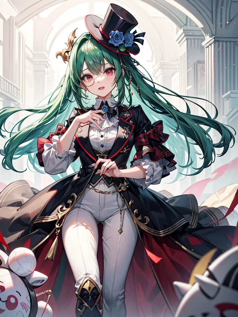 （（（masterpiece、Highest image quality、highest quality、highly detailed unity 8ｋwallpaper）））、（（Illustration of one girl））、（（（beautiful girl）））、（Emerald green hair、sidelocks：1.2、red eyes）、monocle、（（（crazy smile）））、（（（Black top hat、tuxedo）））、grand library