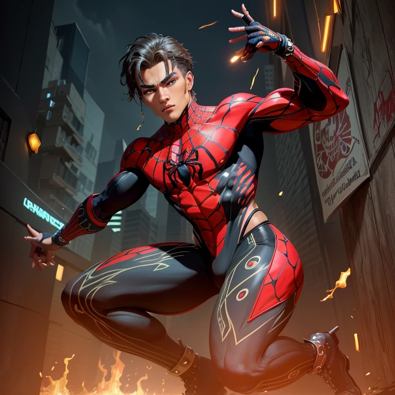 In this RAW photo of exceptional quality, a captivating and powerful Aztec Nativ Spider-Man comes to life. With a stylized art deco approach (1.5), every detail is extreme and meticulously crafted, turning this masterpiece into an ultra-detailed comic book illustration.
The Spider-Man character, dressed in a vibrant and intricately designed suit, showcases muscle definition and realistic textures, making him an authentic, heroic, and dynamic presence. His web-shooters are not only functional but also an intricate extension of his being, adorned with an authentic Aztec-inspired spider design.
His