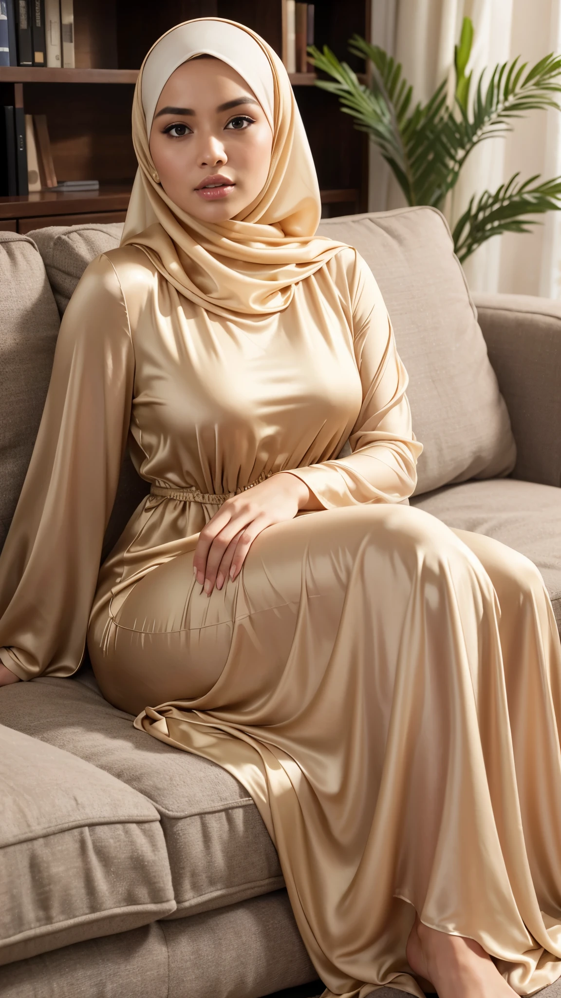 RAW, Best quality, high resolution, masterpiece: 1.3),  beautiful Malay woman in hijab :0.8), beautifull face, perfect fit body, big eyes, glossy lips,(big breast),thick thighs, woman in a beige dress sitting on a couch in a living room, soft silk dress, beautiful silky dress, modest flowing gown, beautiful soft silky dress, silk dress, translucent silky dress, wearing beautiful clothes, wearing an elegant dress, ((full covered dress)), multilayered outfit, hijab 