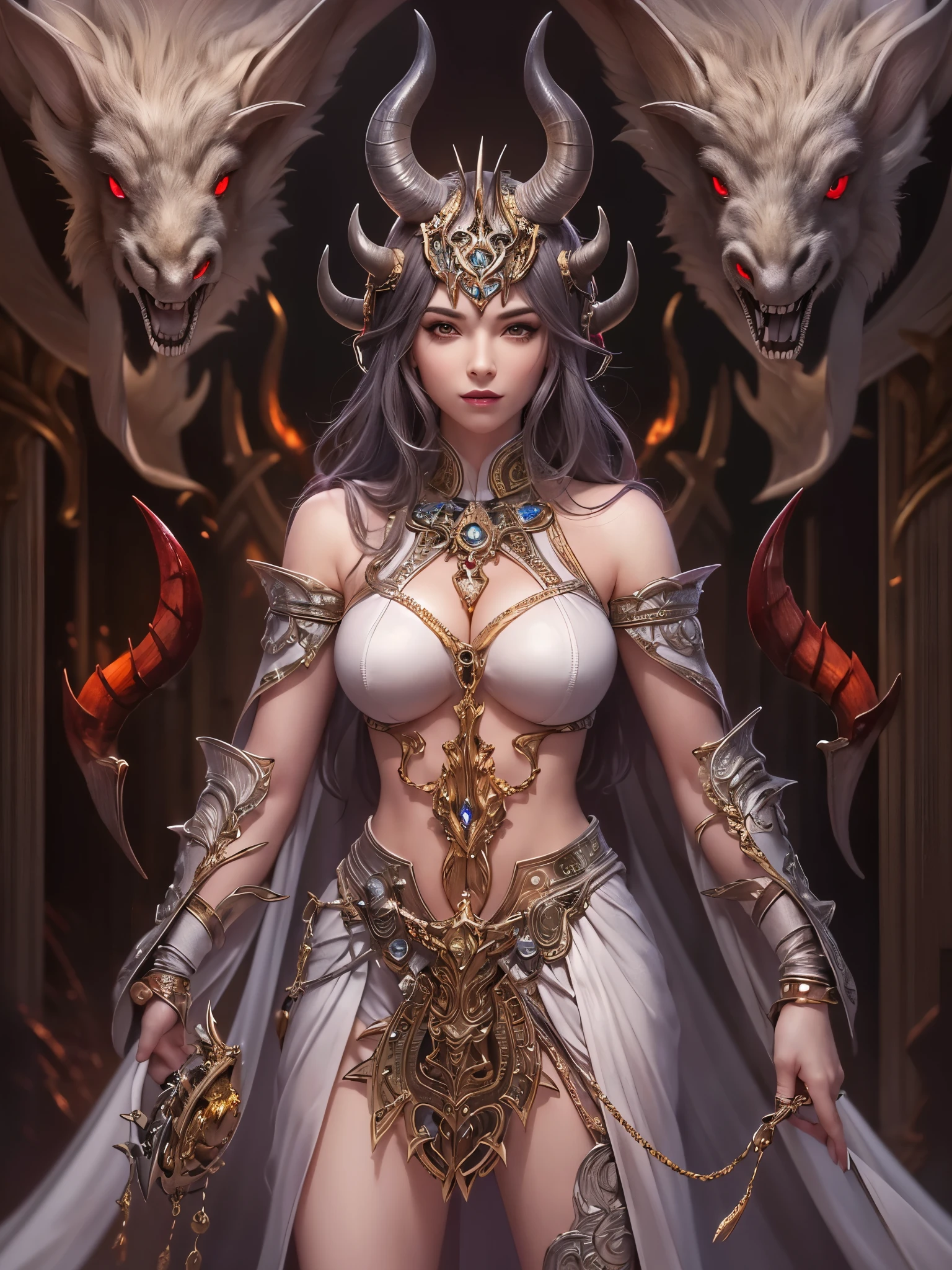 ((highest quality)),(ultra high resolution),(Super detailed),(detailed description),((best CG)),(best work of art),super precision art,great drawing art,(Fantasy art with precise details:1.5), (one female devil:1.6),beautiful and well-shaped face:1.5,evil smile:1.6,large twisted corner:1.5,big breasts:1.3,belly button:1.1,pale skin:1.6, Intricately detailed robe:1.6,Intricate and detailed embroidery:1.4, Pale flame:1.2,piled up skeletons:1.6