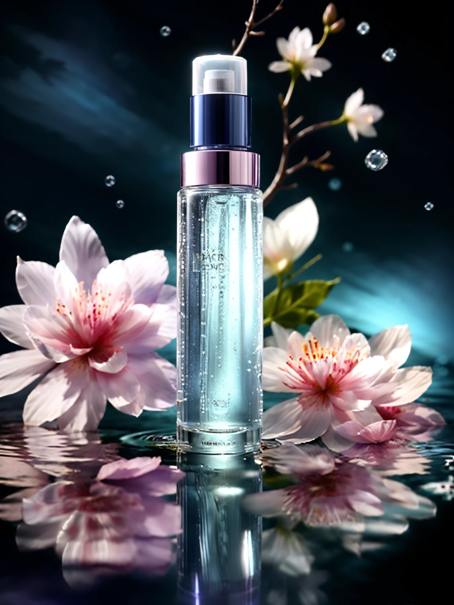 BEST QUALITY, 4K, 8K, HIGH RESOLUTION, MASTERPIECE, ULTRA-DETAILED, PHOTOREALISTIC, BLENDER, MAKEUP BOTTLE, CHERRY BLOSSOM WRAPPED AROUND, BLUE SKY BACKGROUND, WATER, SUNLIGHT, LOW PERSPECTIVE, PRODUCT RENDERING