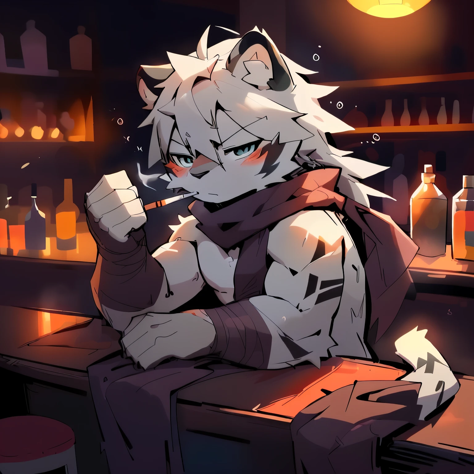 man,gray white tiger,long hair,scarf,It's hard,Bar Background,술에intoxication,Feel good,intoxication,Ninja,naked,smoking,drinking