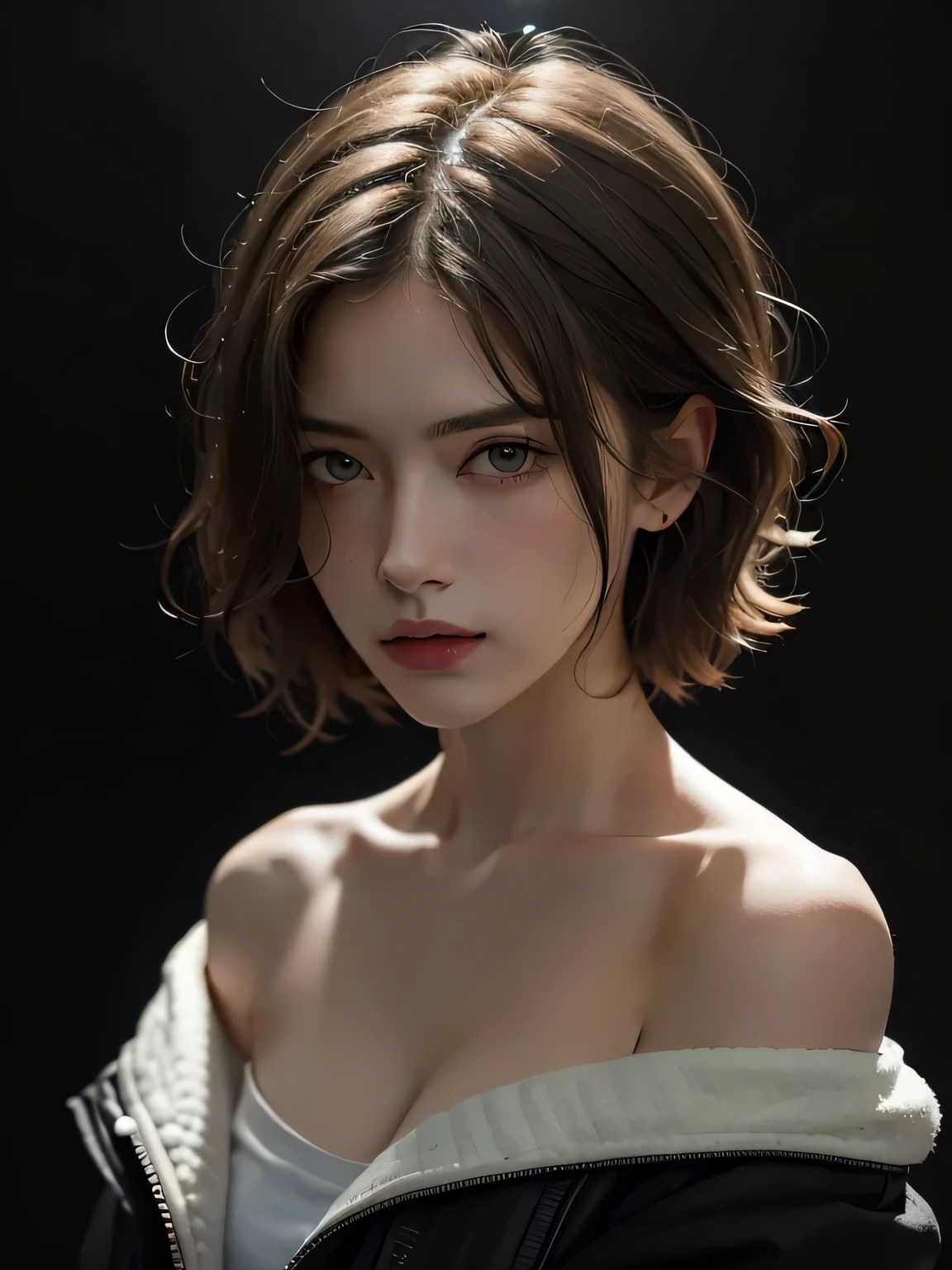 best quality, masterpiece, ultra high resolution, (lifelike:1.5), original photo, 1 girl, Off the shoulders, in the darkness, deep shadow, low profile, cold light, sexy look, short hair