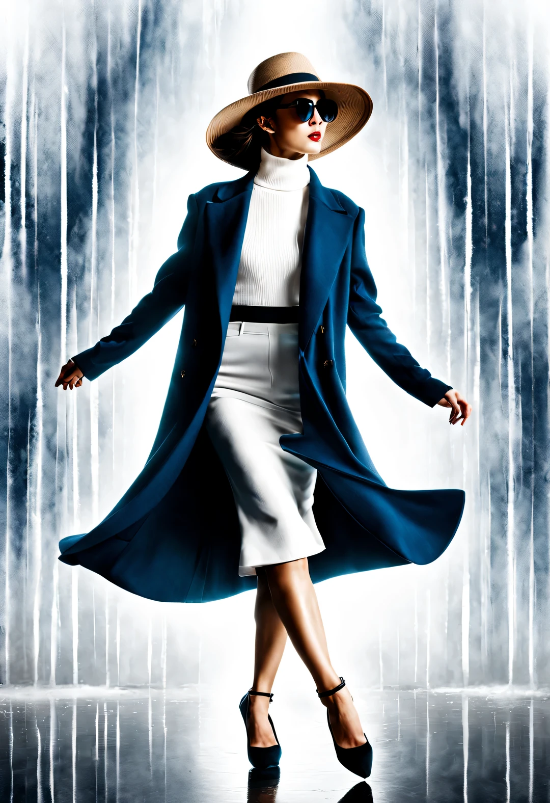 (Modern art dance simple poster design), (Head close-up), (美丽的中国girl在空中跳舞), (Wearing sunglasses and a hat: 1.2), Mainly cool colors,Presenting the beauty of simplicity and modernity, (Dark blue coat with bright white turtleneck sweater,Elegant and classy,Exudes a fresh and cold winter atmosphere。), Briefcase fluttering, Show fashionable temperament. Wear modern and stylish winter fashion, girl'fair skin, flawless、smooth, high nose bridge, Head up posture, sad but beautiful, slender figure, Exquisite facial features, swirling fog illustration, ink painting, black hair, A ball head, Proudly, Surrealism, contemporary art photography, action illustration, abstract expressionism, Pixar, depth of field, motion blur, backlight, Fall out, decline, Look up, Sony FE General Manager, ultra high definition, masterpiece, Accuracy, textured skin, Super details, high detail, high quality, Award-winning, best quality, grade, 16k, Photographed from a bottom-up angle,