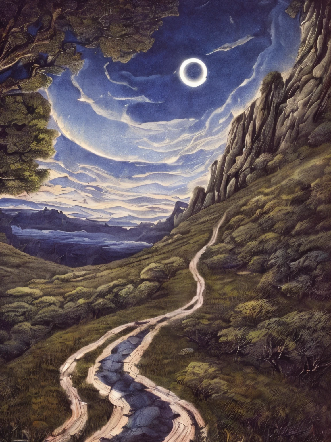Very good 8KCG wallpapers, very fine 8K CG wallpaper, watercolor (medium), (((dark, Dark Night, Deep Night, the moon))) ((Sky color: dark blue)) (((Natural Background, rock formations, wood))), path, a meadow, ((plein air)) (((Character Deletion))) (((Excluding people)))
