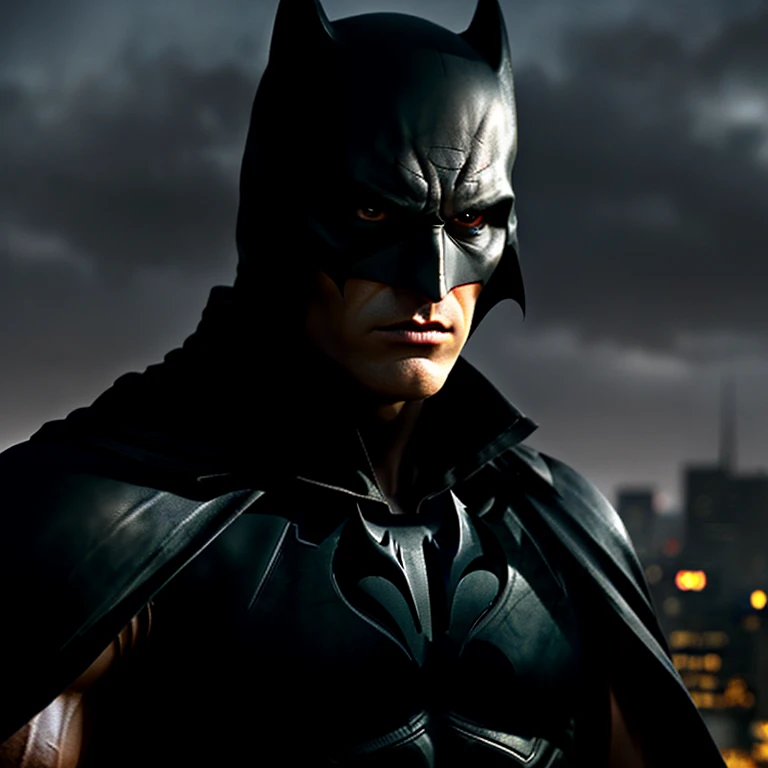 DARK AND BROODING ROMANIAN NATIVE BATMAN, WITH CHISELED JAWLINE, SHADOWED EYES, AND ELONGATED EARS, IN A DARK TANK TOP, reveals the intricate details of his muscular body, covered in scars from countless battles. His rough, windswept hair, slicked back, adds to his imposing figure. clad in a cape, he poses against the backdrop of a Gothic cityscape, bat symbol on his chest, looking ready for action. (realistic, photo-realistic: 1.2), detailed facial features, stern expression, rugged, leather